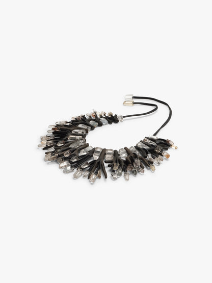 Necklace: mountain crystal, acacia wood