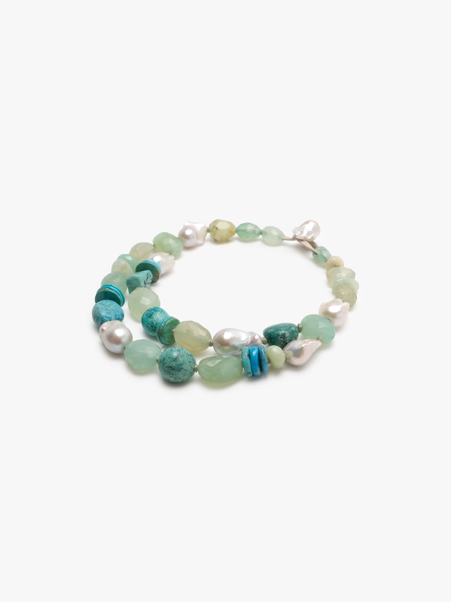 Necklace: prehnite, pearls, turquoise