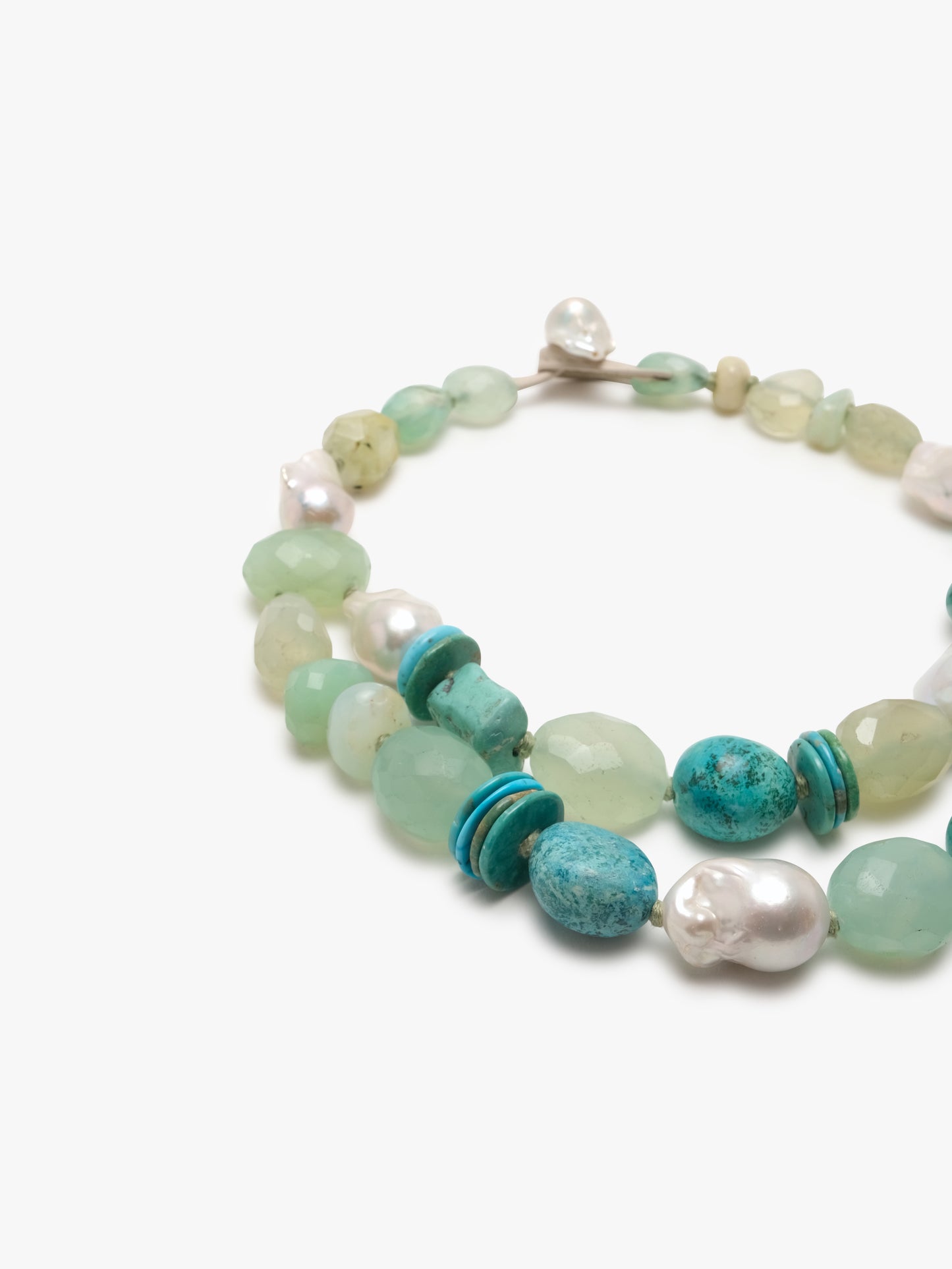 Necklace: prehnite, pearls, turquoise