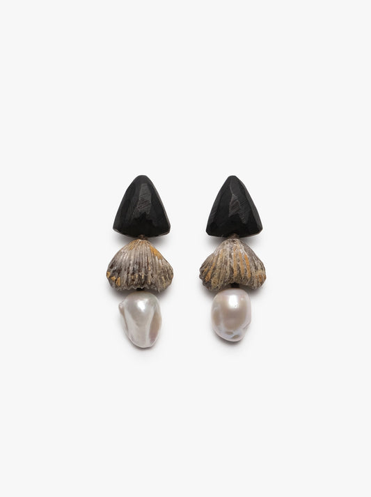 Earring: shell, ebony, baroque pearl