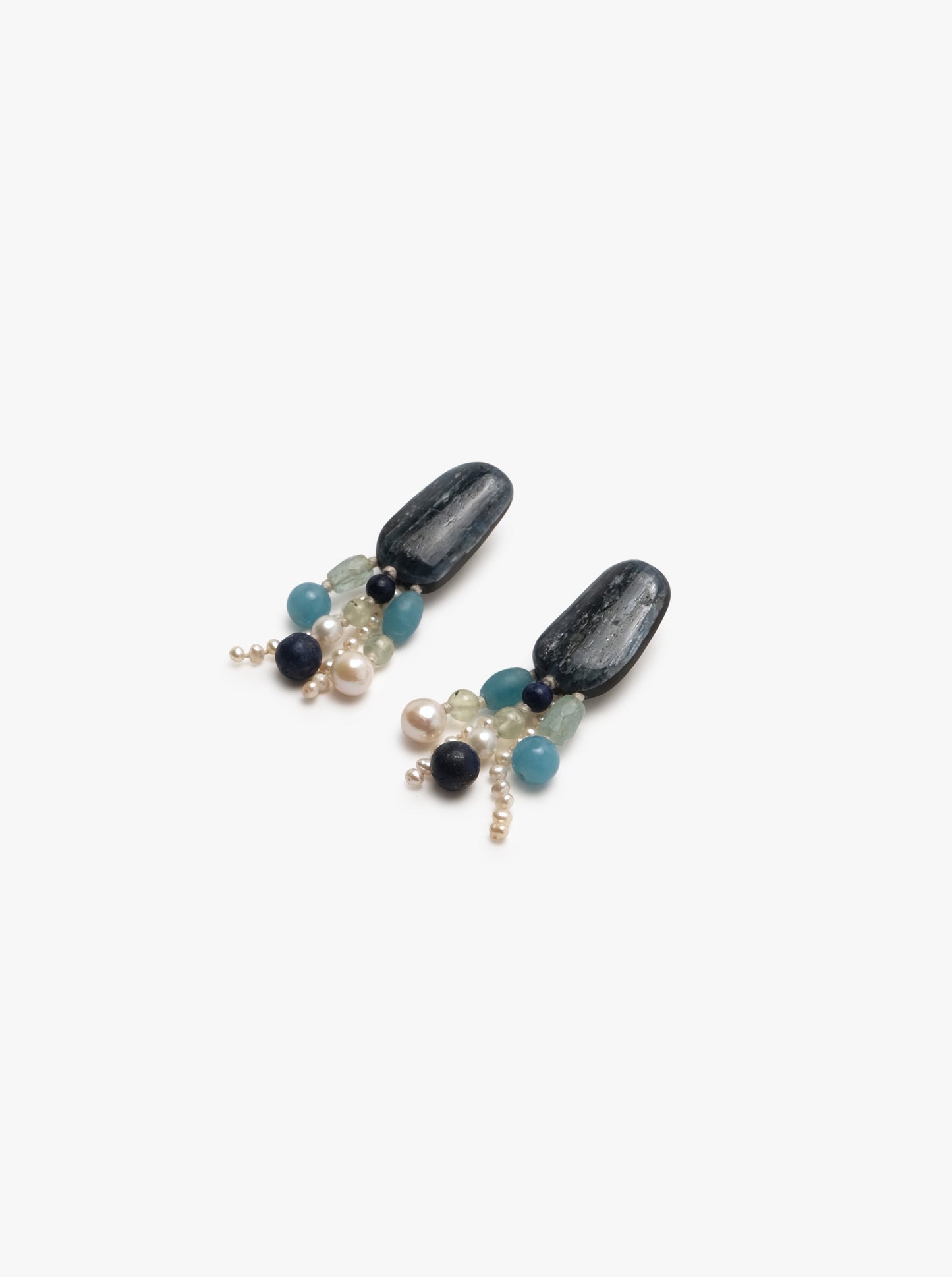 Stud earrings: kyanite, freshwater pearls, prehnite