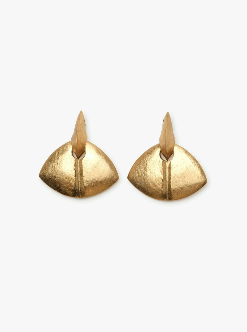 A pair of gold-colored clip-on earrings with a geometric design, featuring acacia wood and goldfoil.
