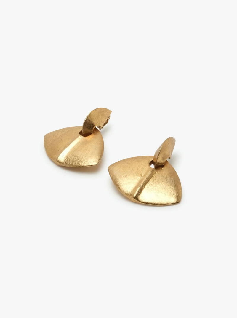 A pair of gold-colored clip-on earrings with a geometric design, featuring acacia wood and goldfoil.
