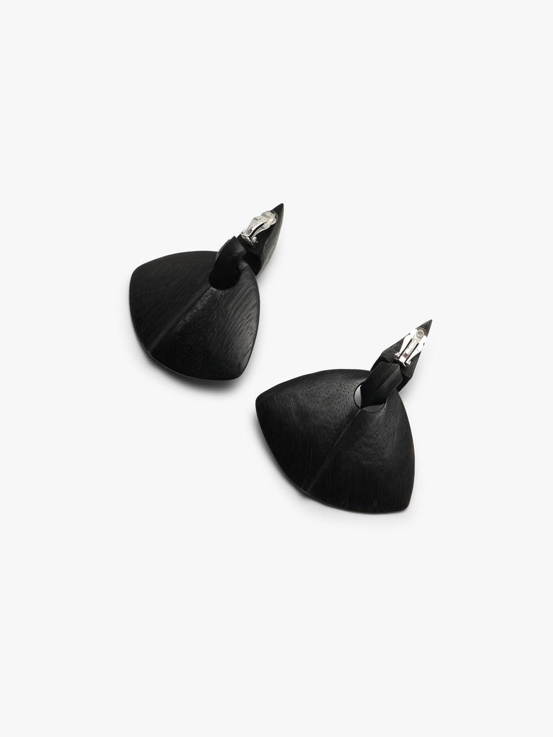 Pair of black earrings on a white background