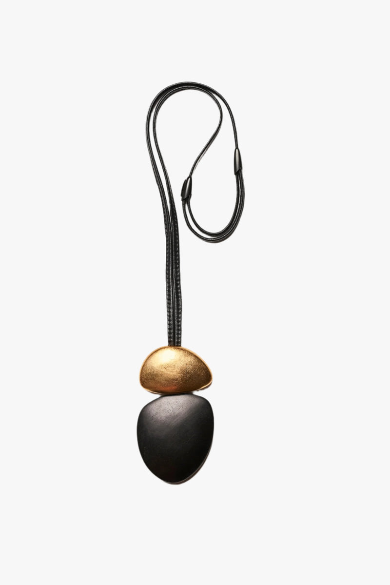 Akita pendant: acacia, goldfoil, leather