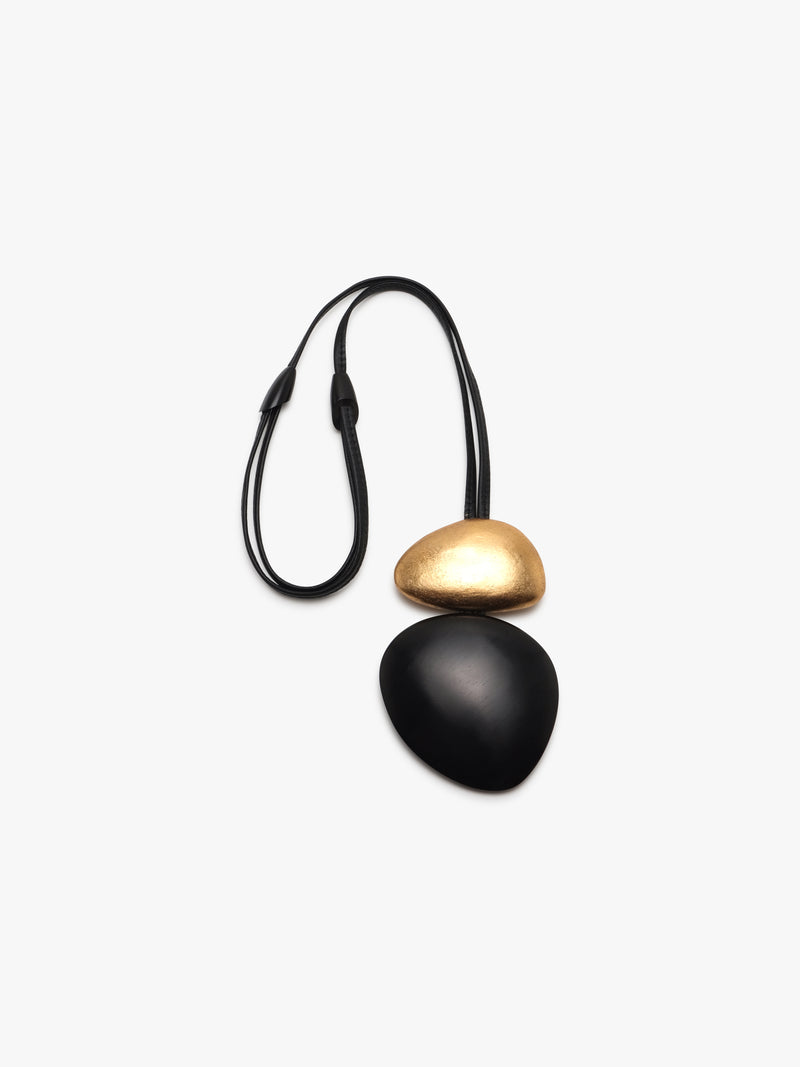 Akita pendant: acacia, goldfoil, leather