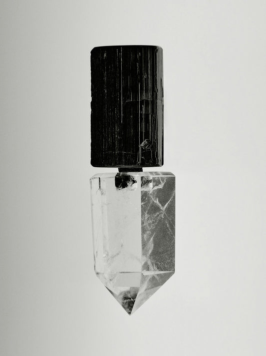 Mint earclips: black tourmaline, mountain crystal
