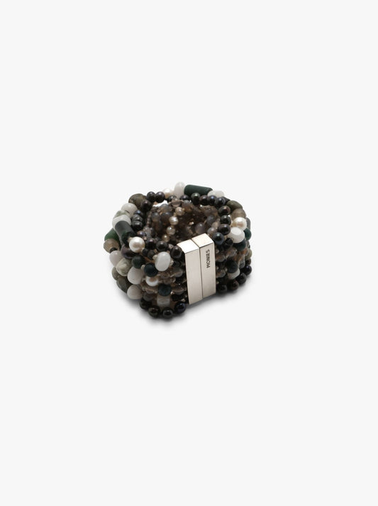 Bracelet: pearls, rhodonite, moonstone, jade, silver