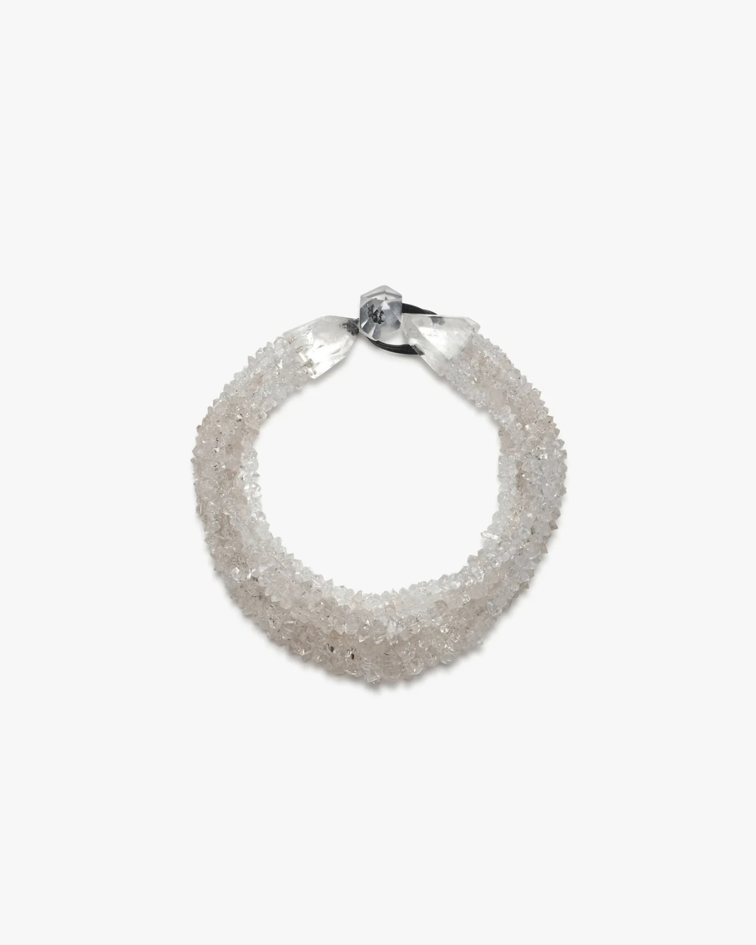 A textured, circular cuff necklace made of clear, faceted crystal or glass beads, secured with a silver-toned metal clasp, shown on a plain white background.