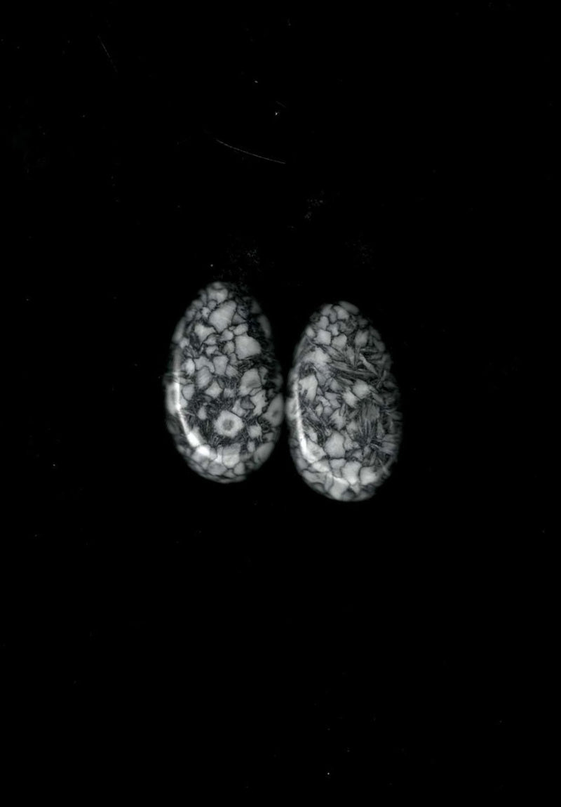 Two small oval cabochon gemstones with a white and gray marbled pattern, displayed side-by-side on a solid black background.