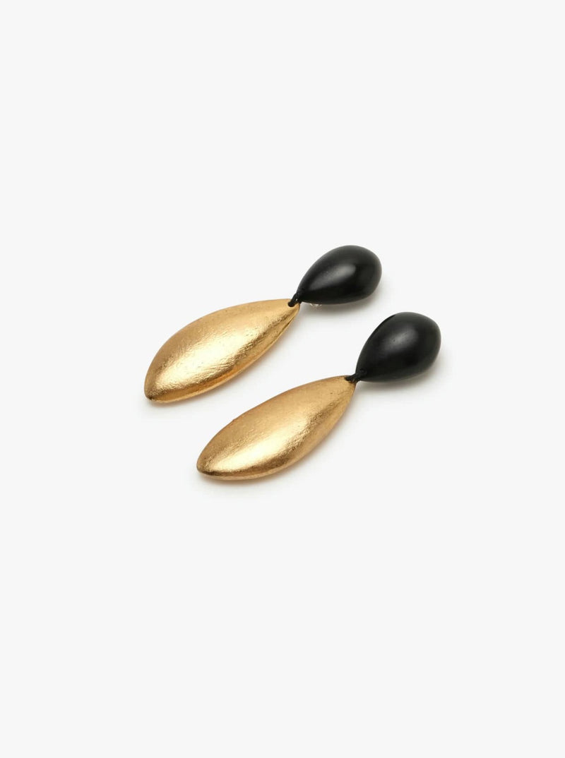 A pair of earclips with the upper part in black and lower part in gold tone against a white background.


