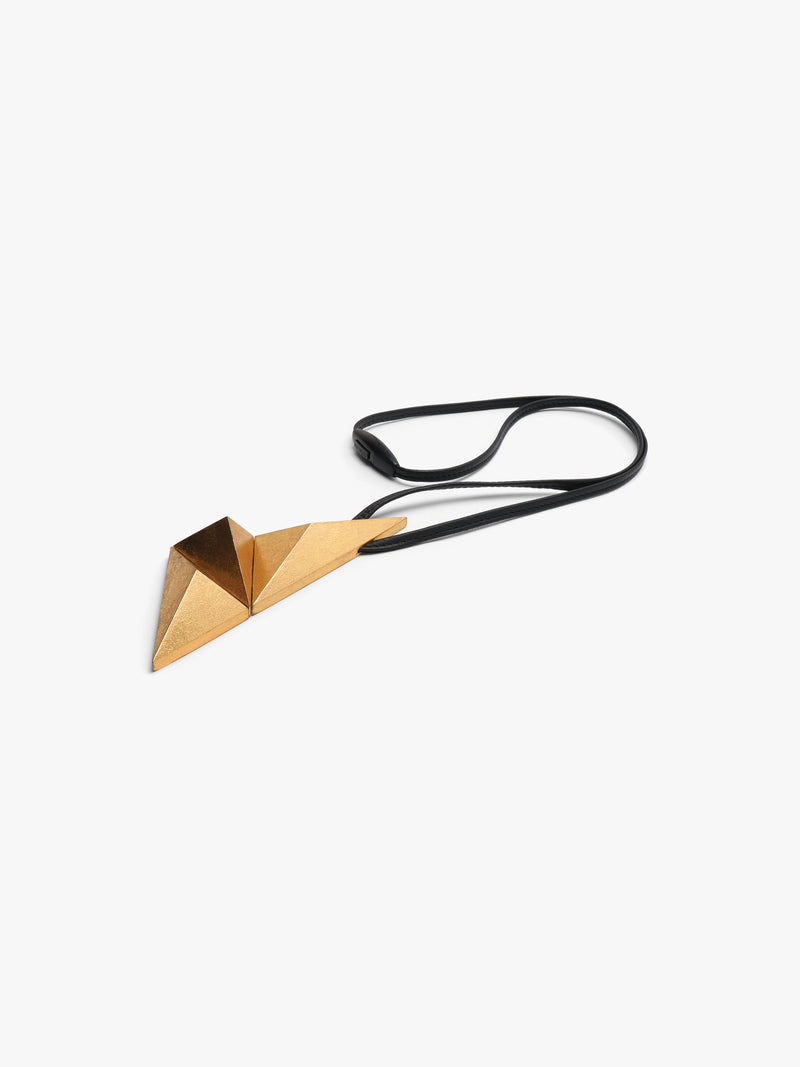 Greya pendant: acacia, goldfoil, leather