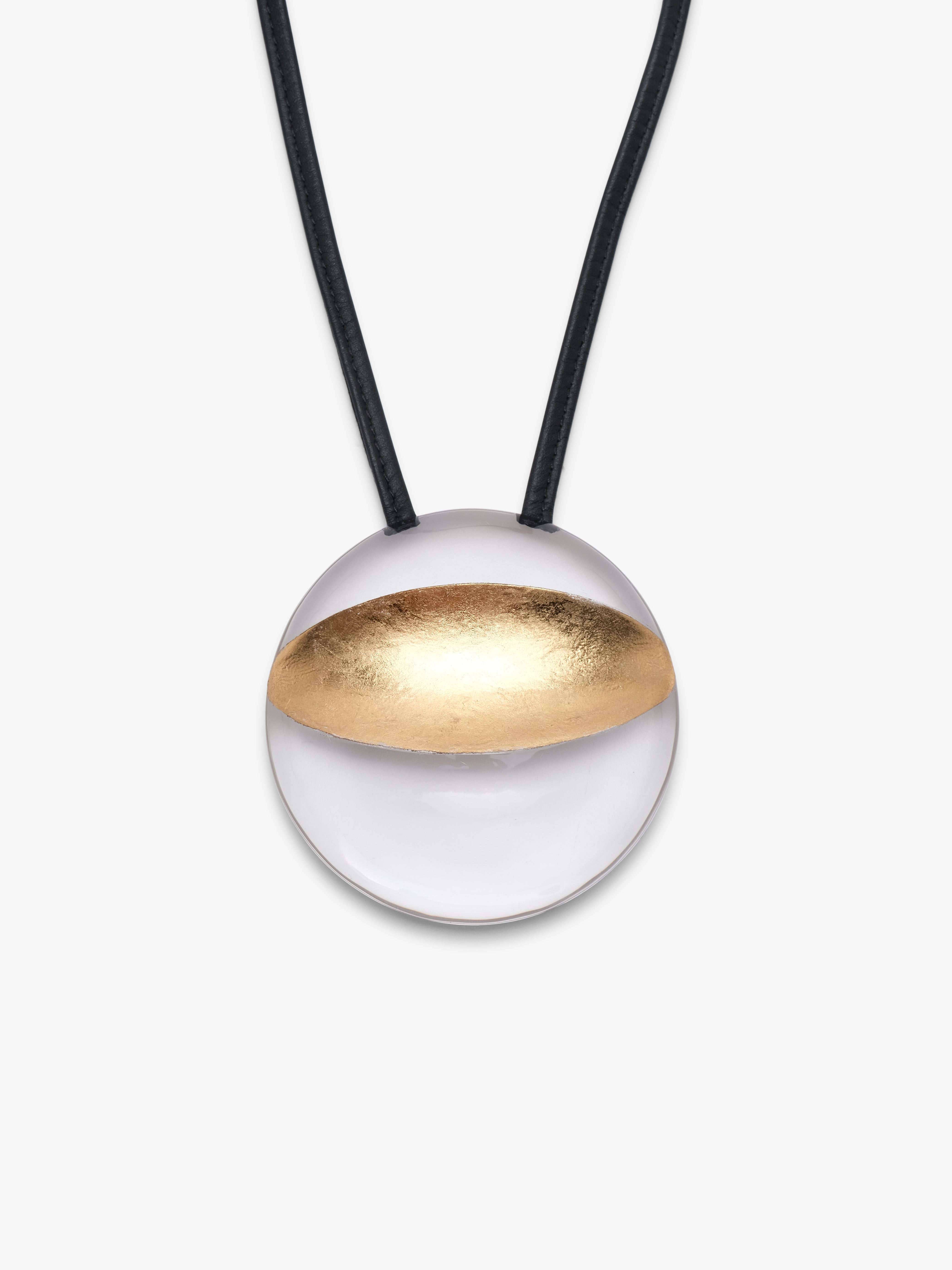 Isola pendant: greencast acrylic, leather, goldfoil