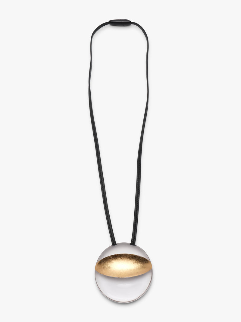 Isola pendant: greencast acrylic, leather, goldfoil