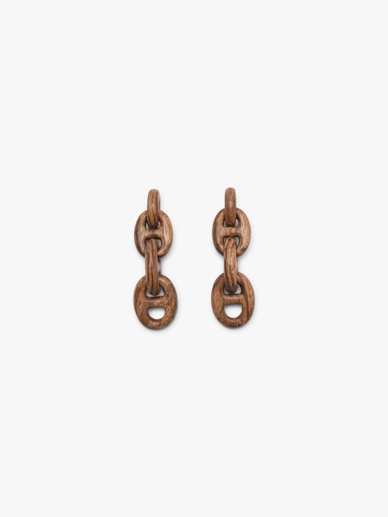 interlocking zebrano wood earrings on a white background