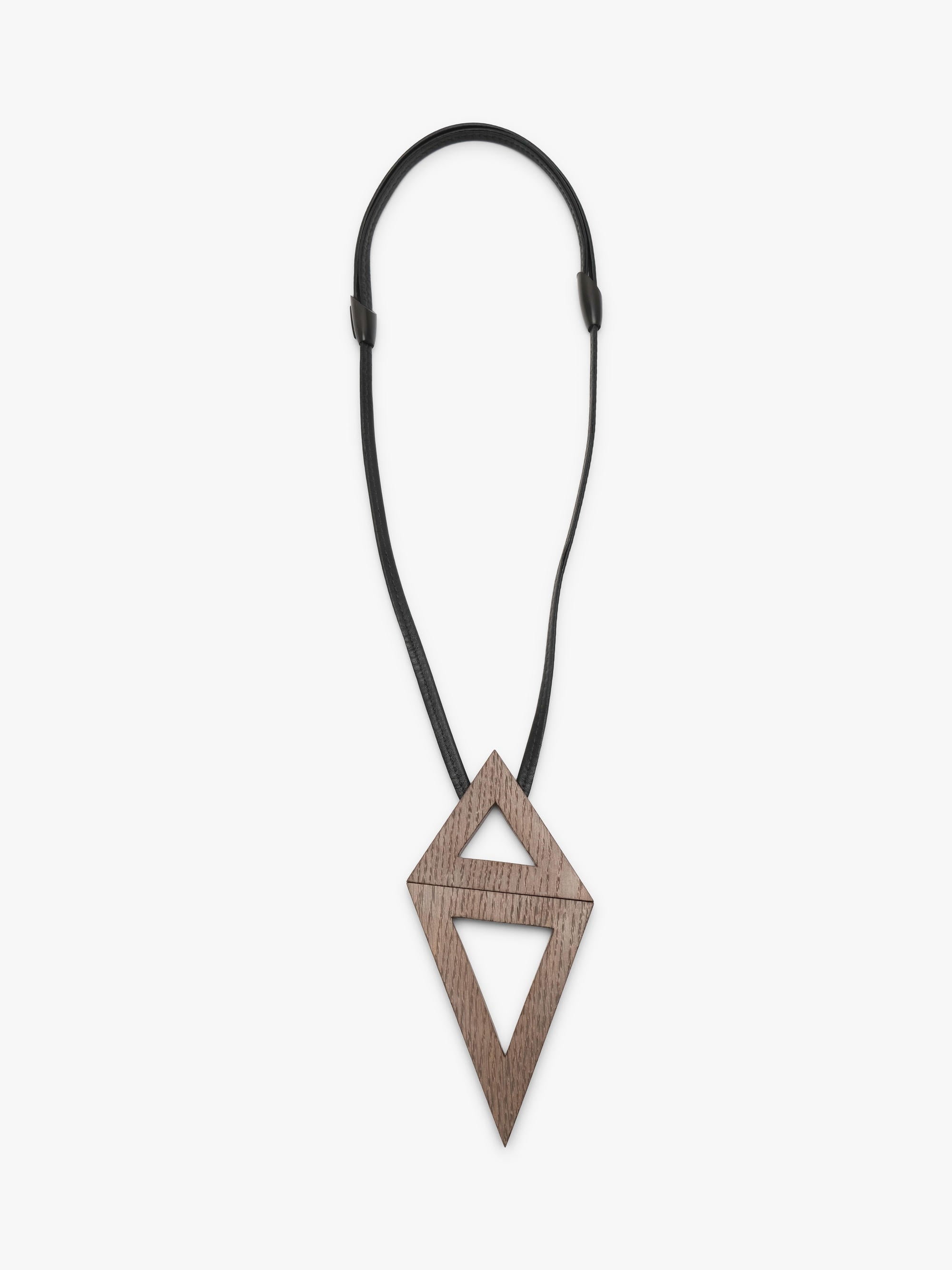 A geometric wooden pendant necklace with a dark brown wood grain finish, suspended on a thin black cord with a small black bead, shown against a plain light gray background.