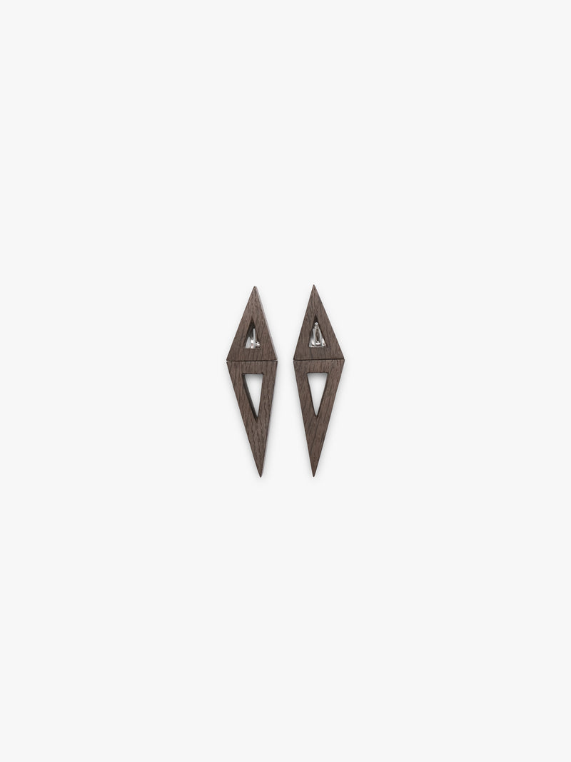 dark brown wood geometrical earrings on a white background