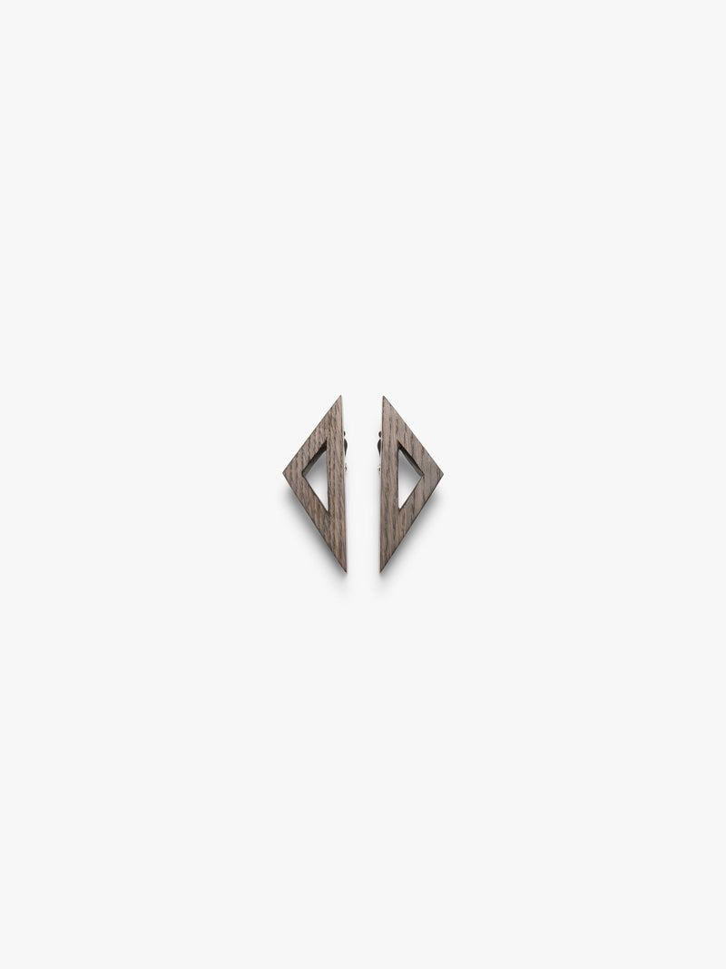 Wooden geometrical earrings on a white background