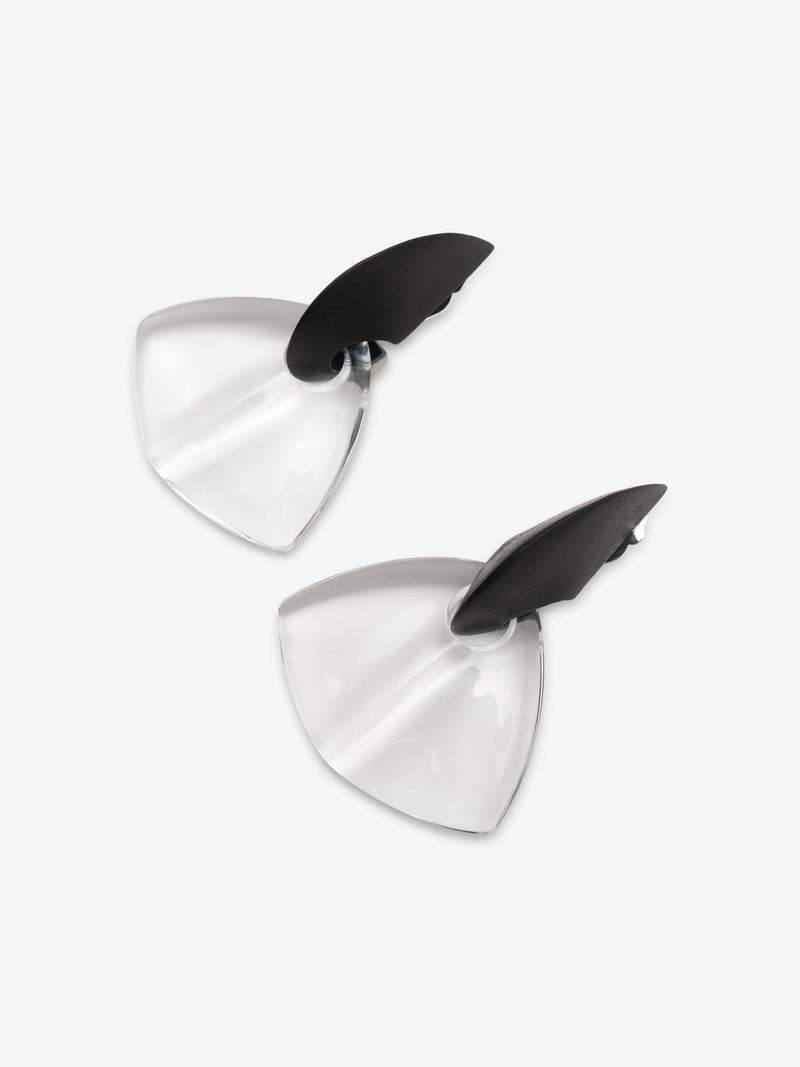 two earrings with a black top and transparent bottom, displayed on a white background