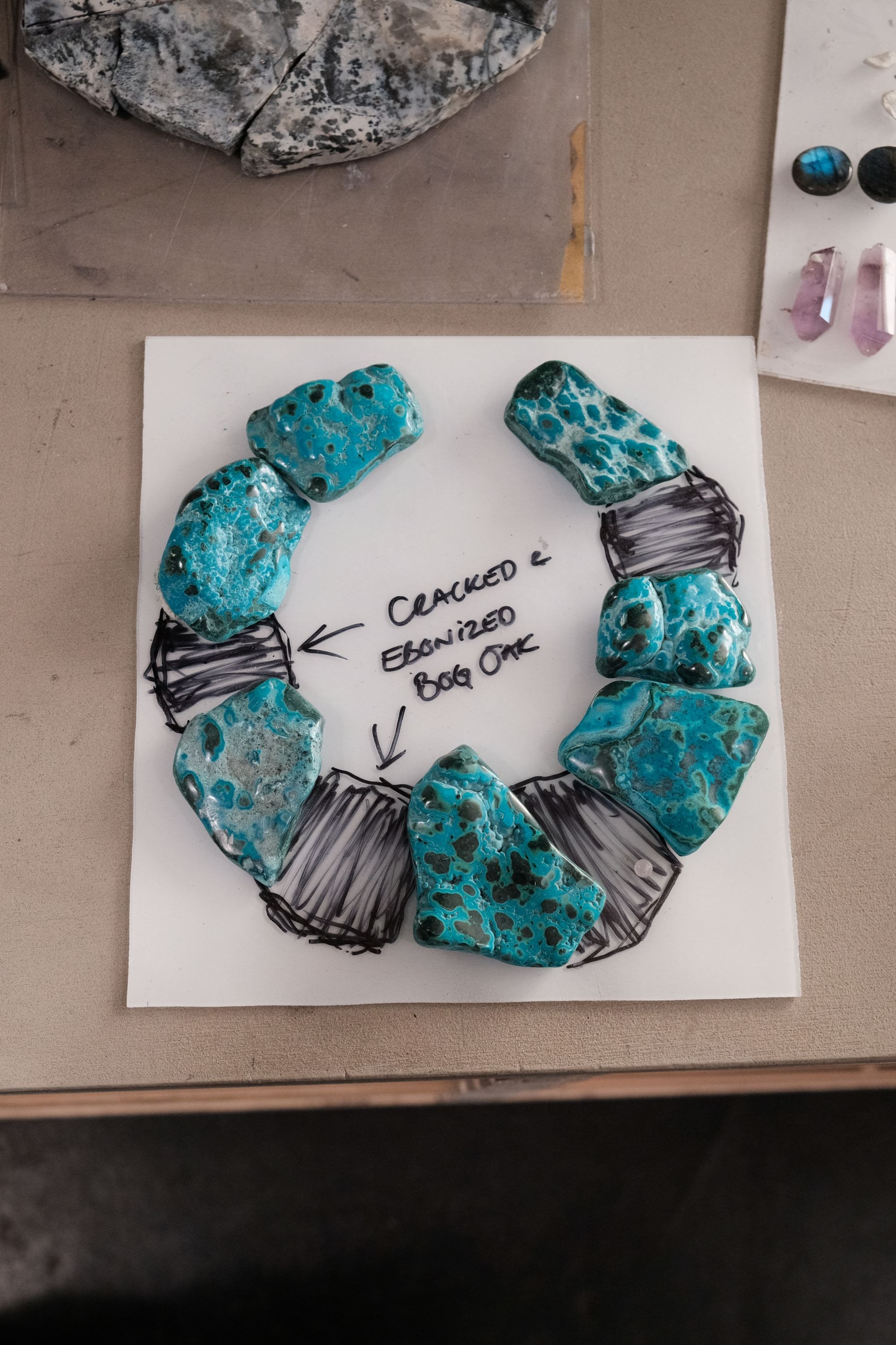 Necklace: malachite, bog oak