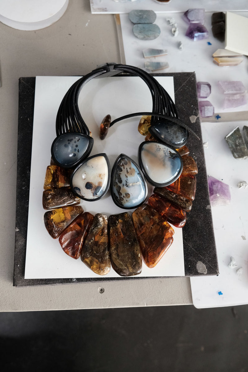 Necklace: dendritic agate, ebony, leather