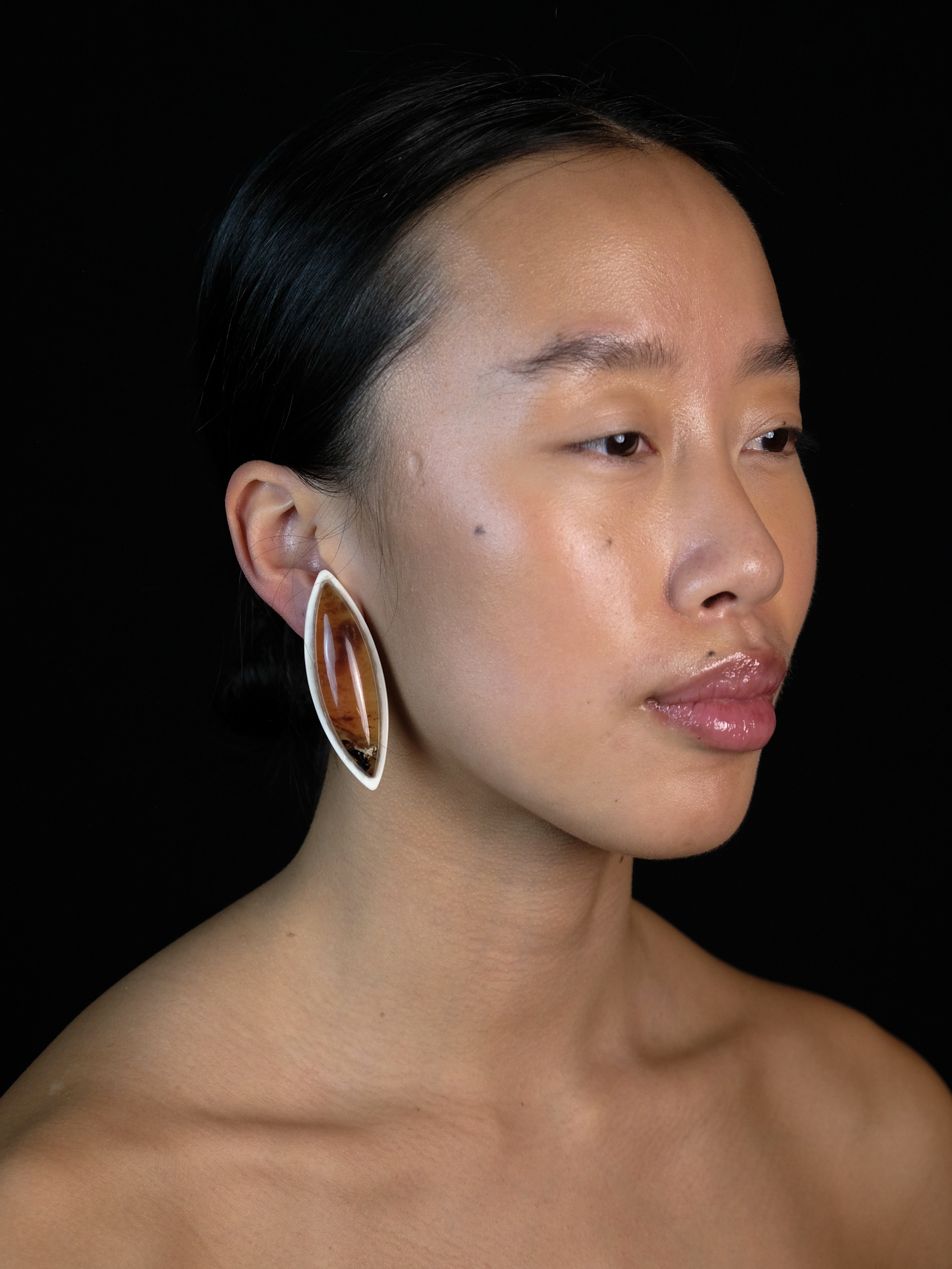 Earrings: amber, bone