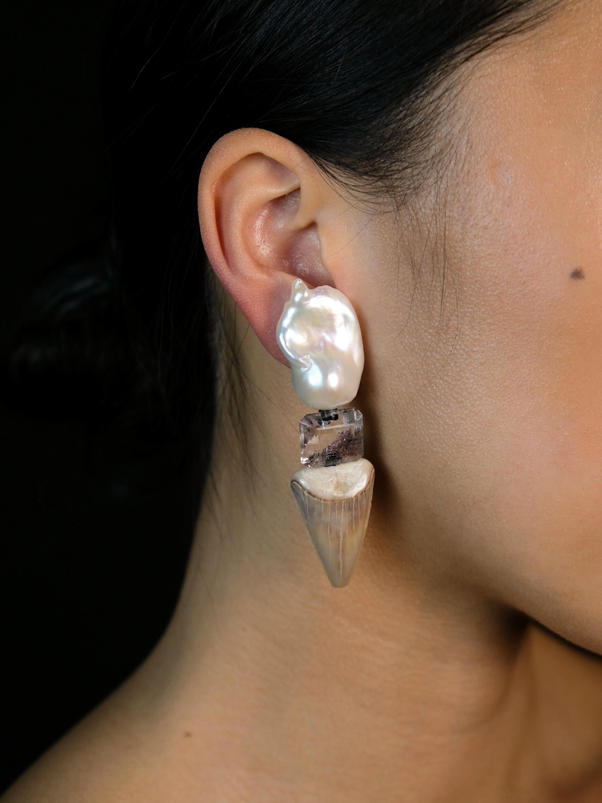 Earrings: pearl, quartz, fossilized shark tooth