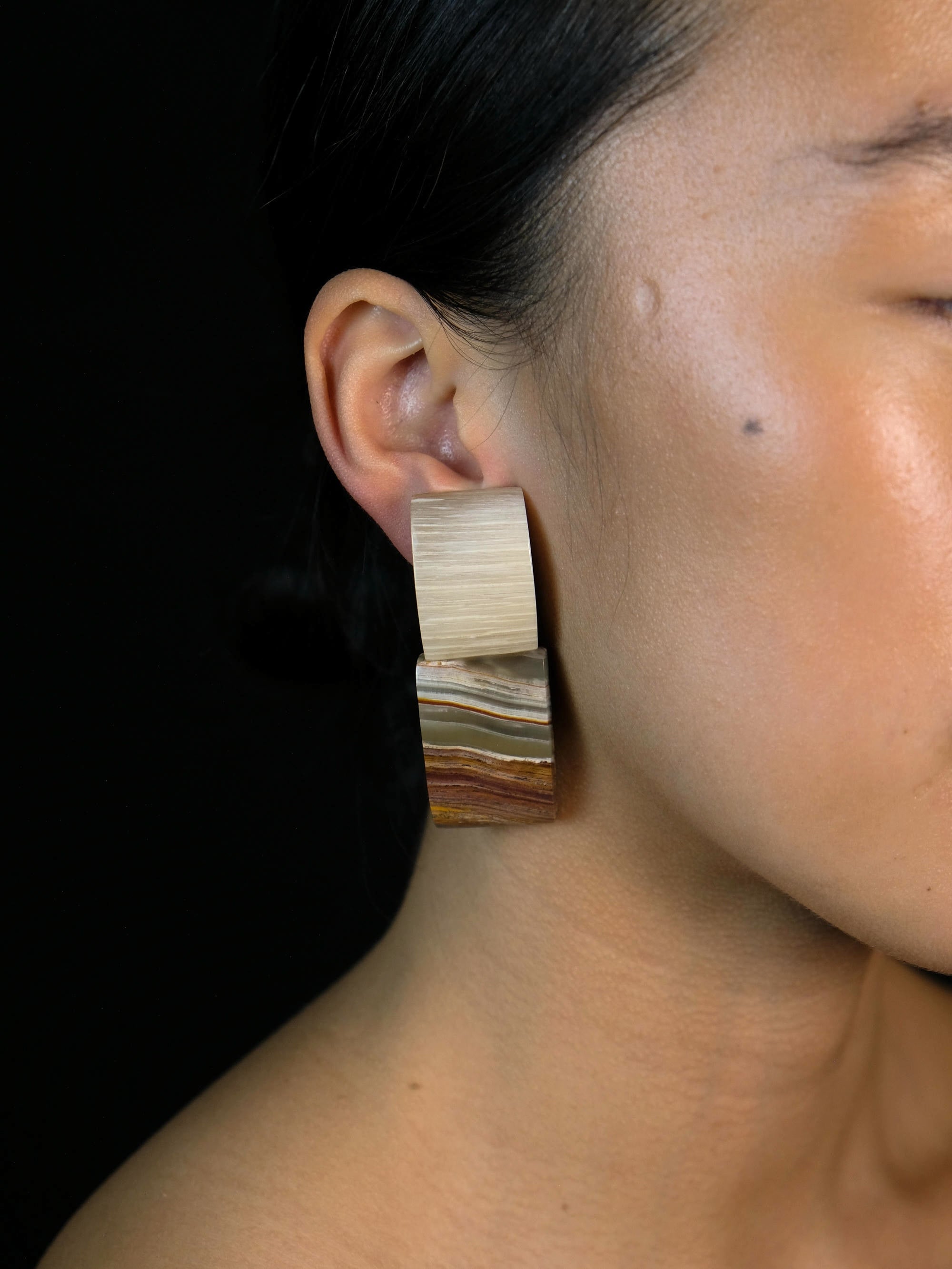Earrings: onyx, musk ox bone, zebrano