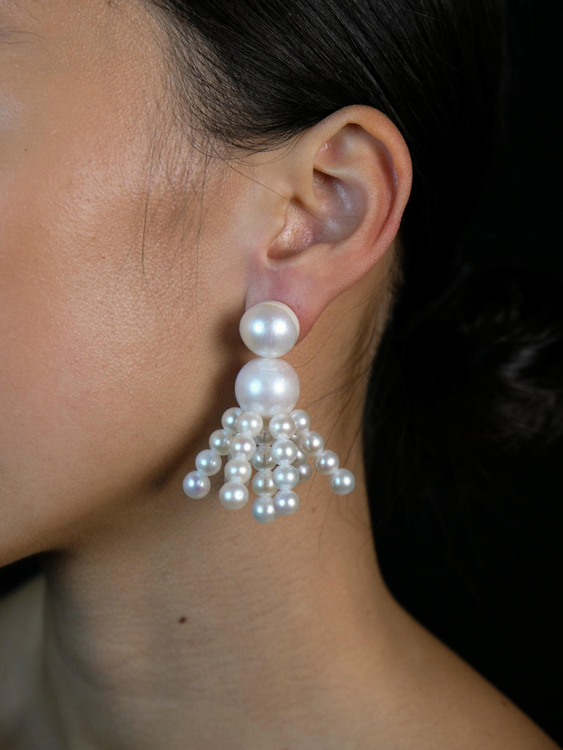 Earrings: freshwater pearls, horn