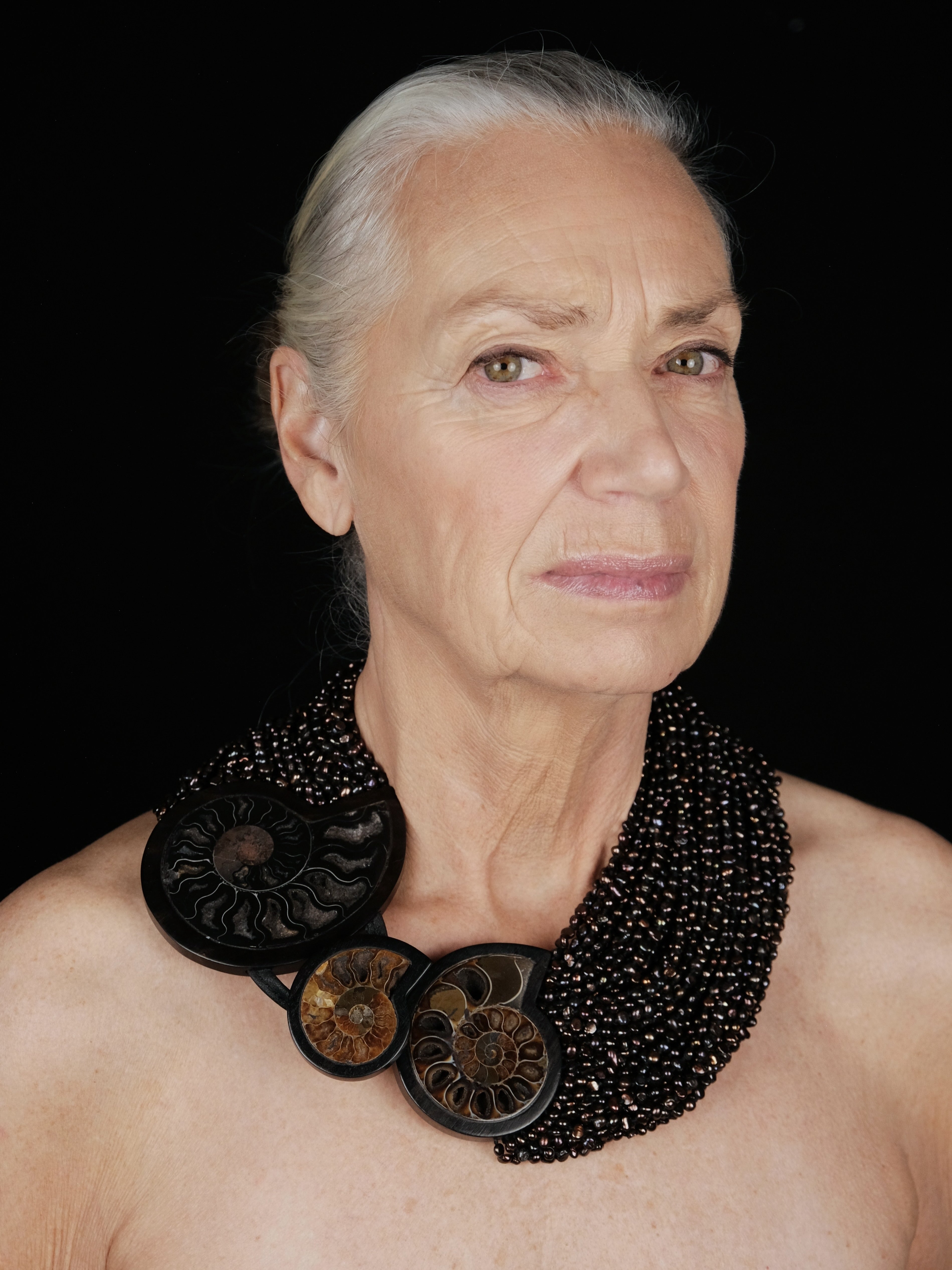 Necklace: amonite, ebony, pearls, leather