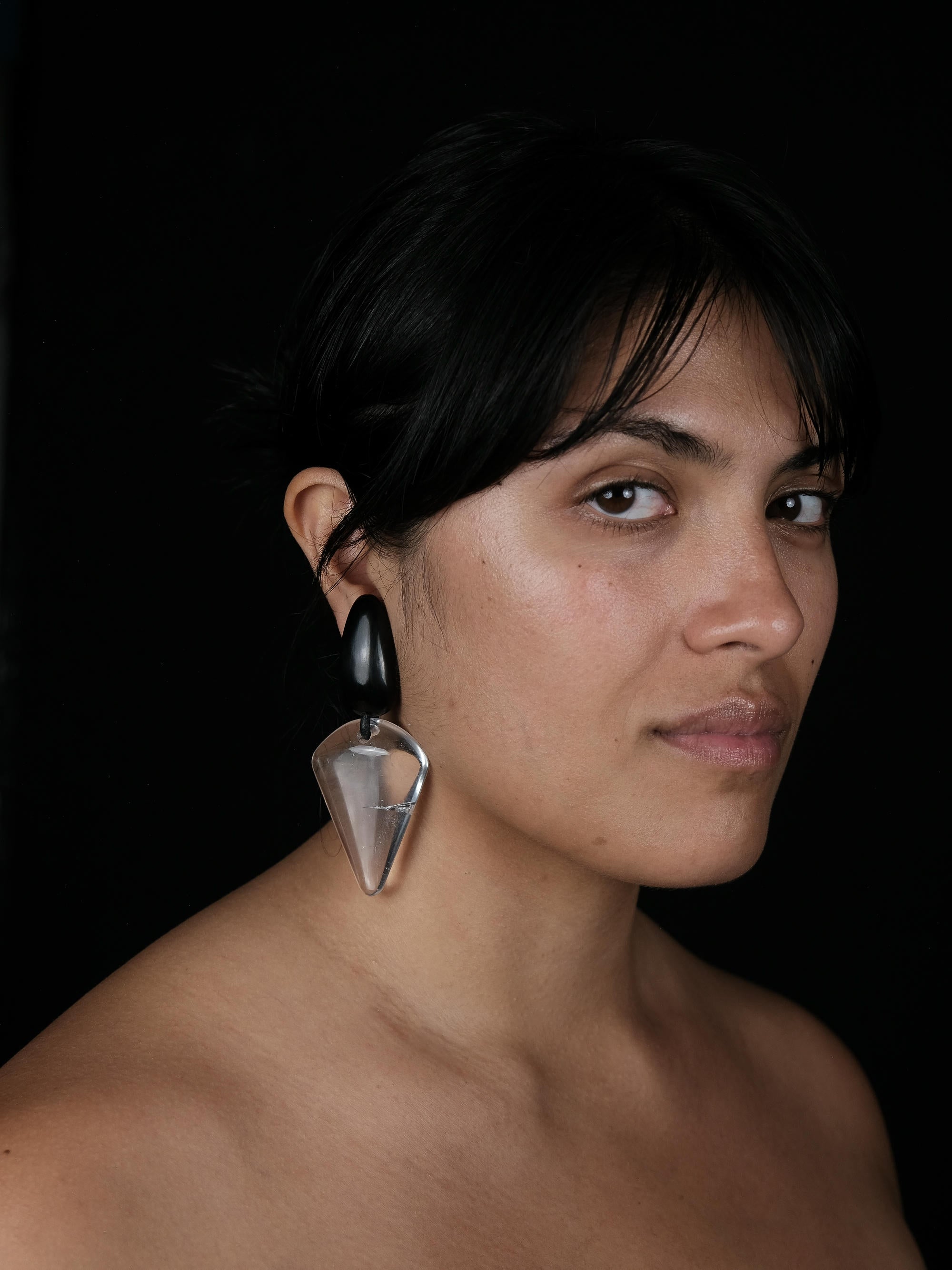 Earrings: horn, quartz