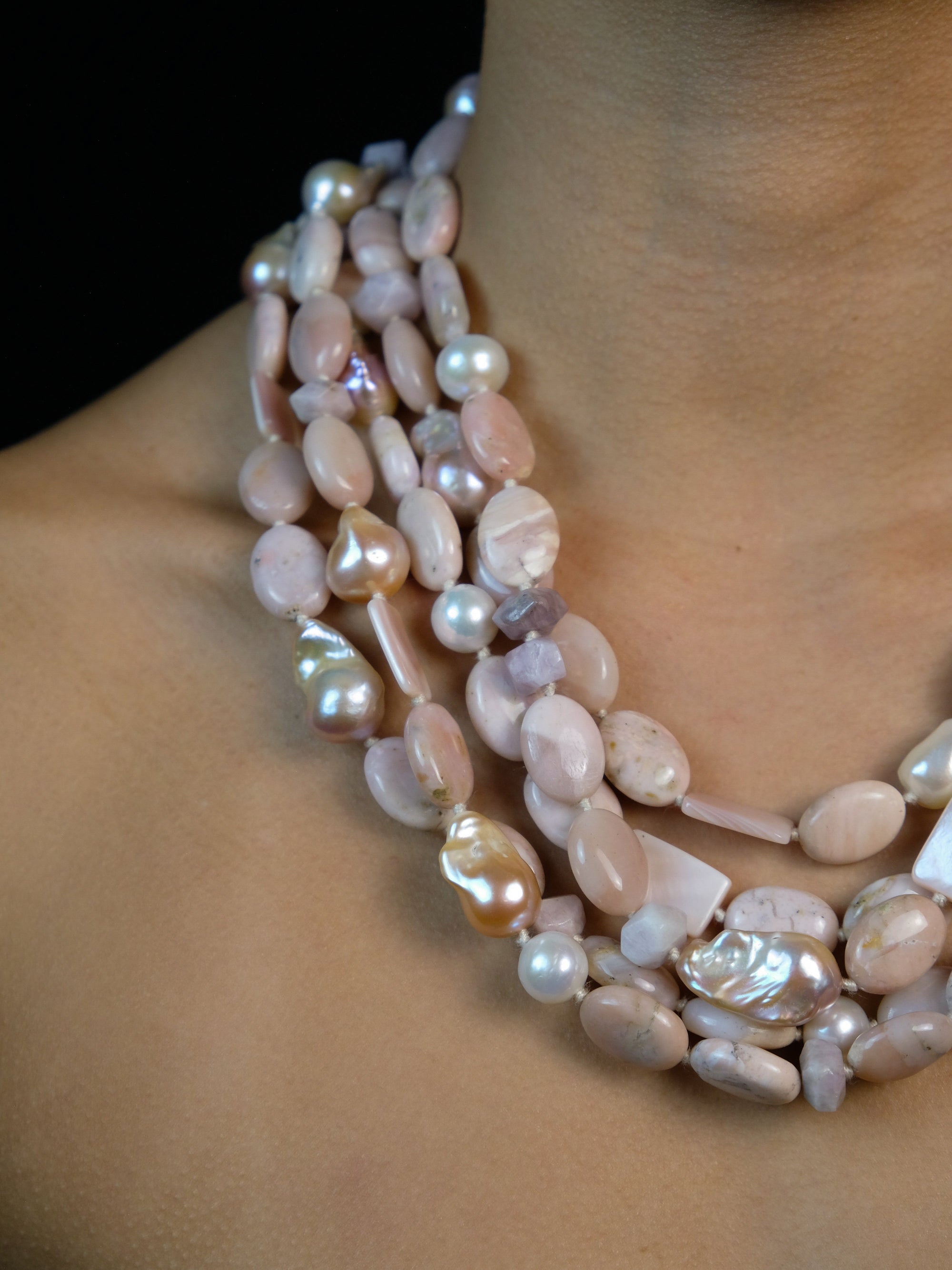 Necklace: andean opal, pearl, kunzite