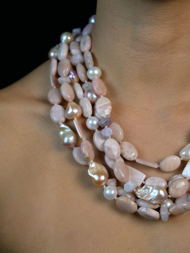 Necklace: andean opal, pearl, kunzite