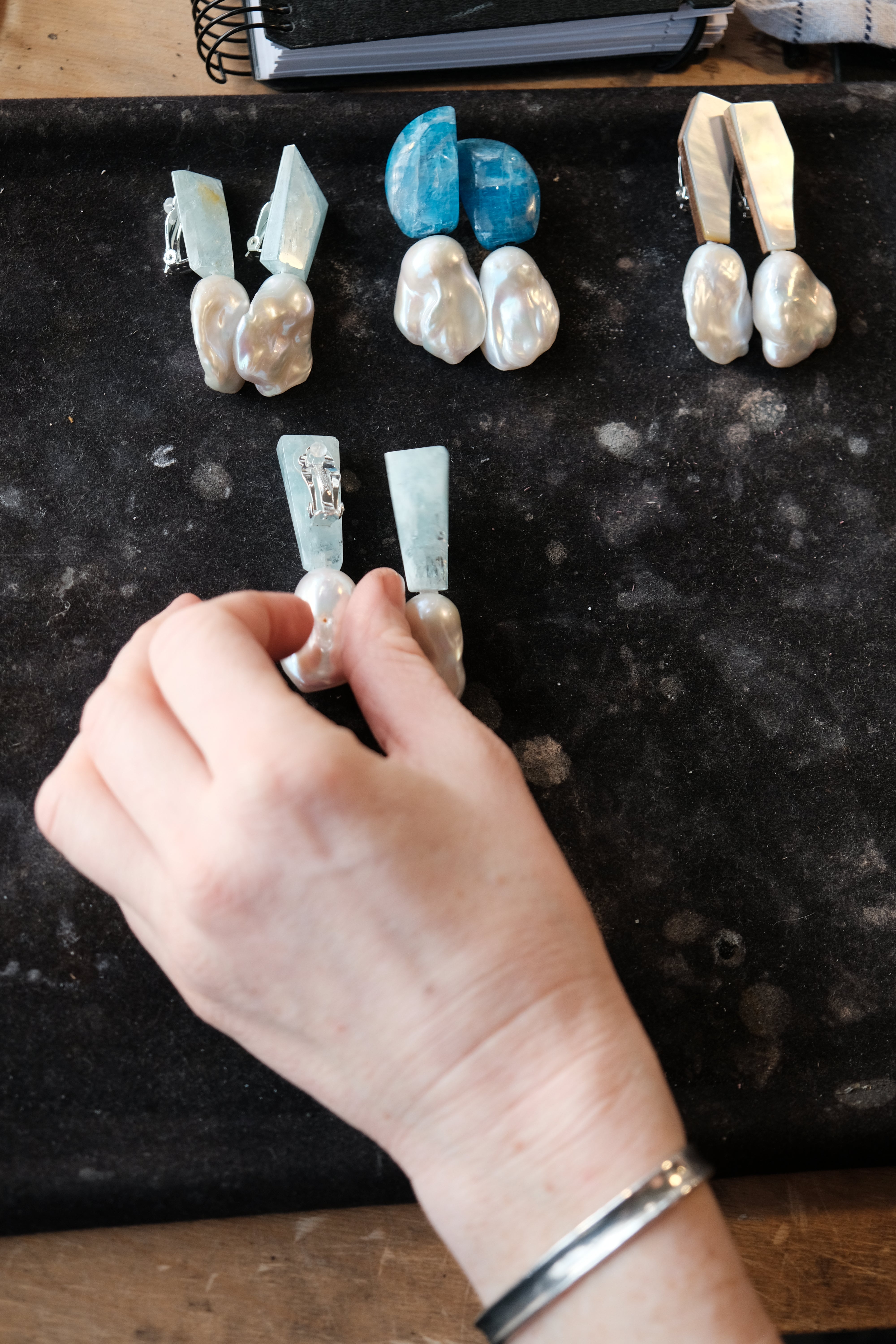 Earrings: aquamarine, baroque pearl