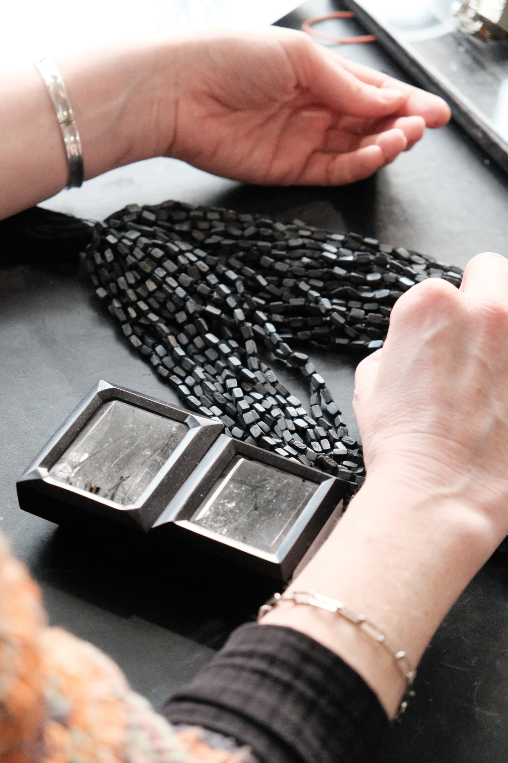 Necklace: tourmaline quartz, ebony