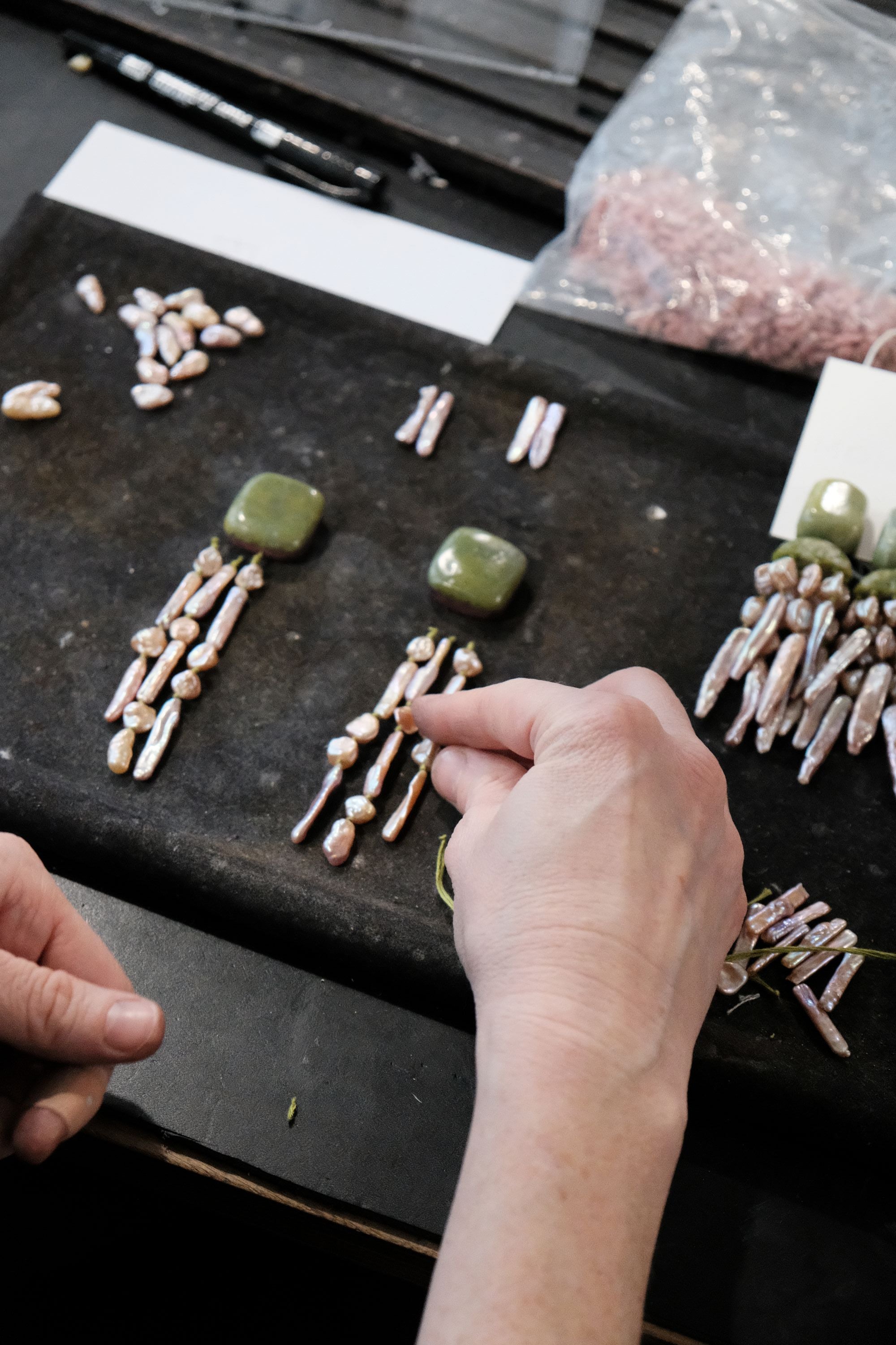 Earrings: freshwater pearls, serpentine