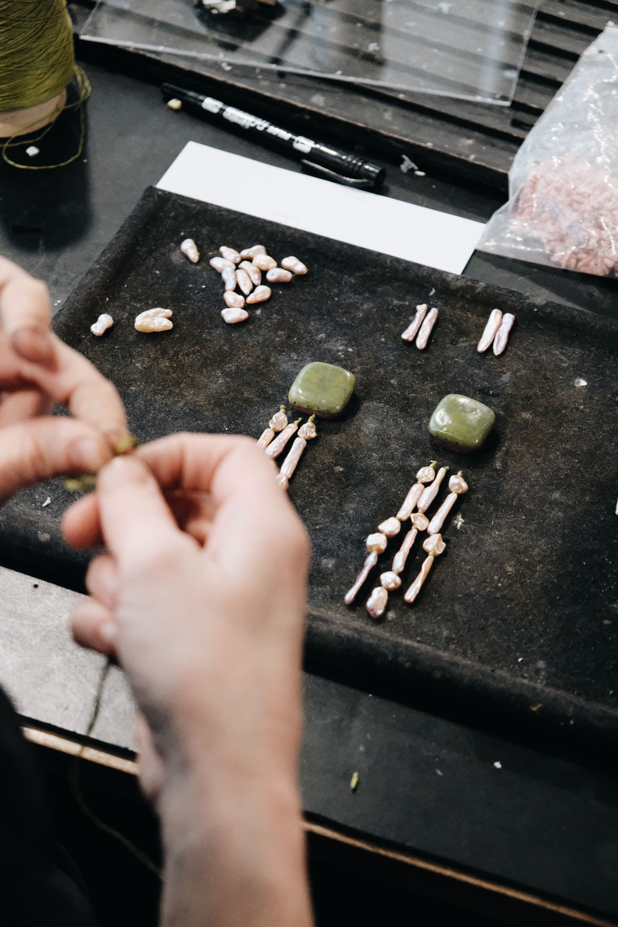 Earrings: freshwater pearls, serpentine