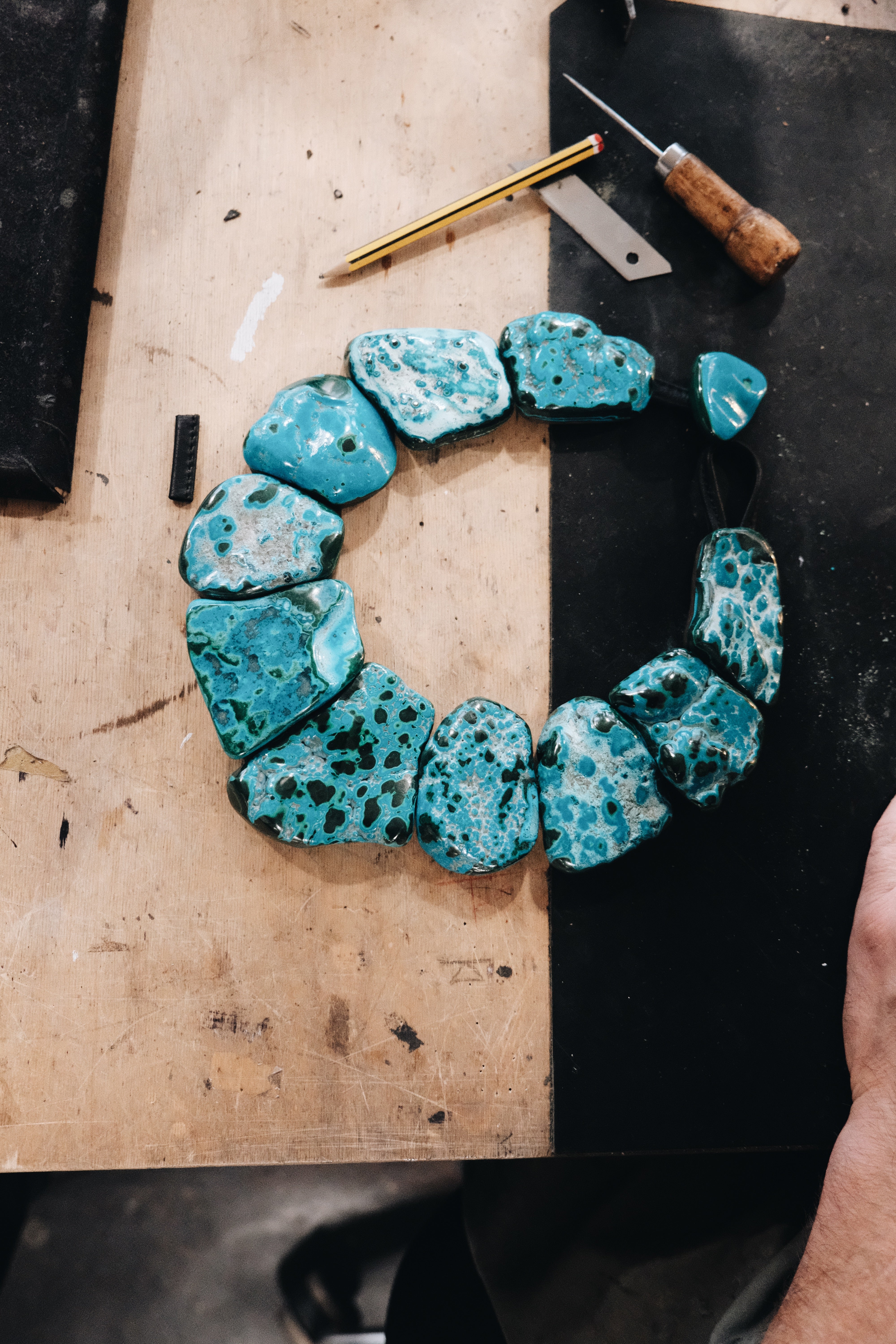 Necklace: malachite, bog oak