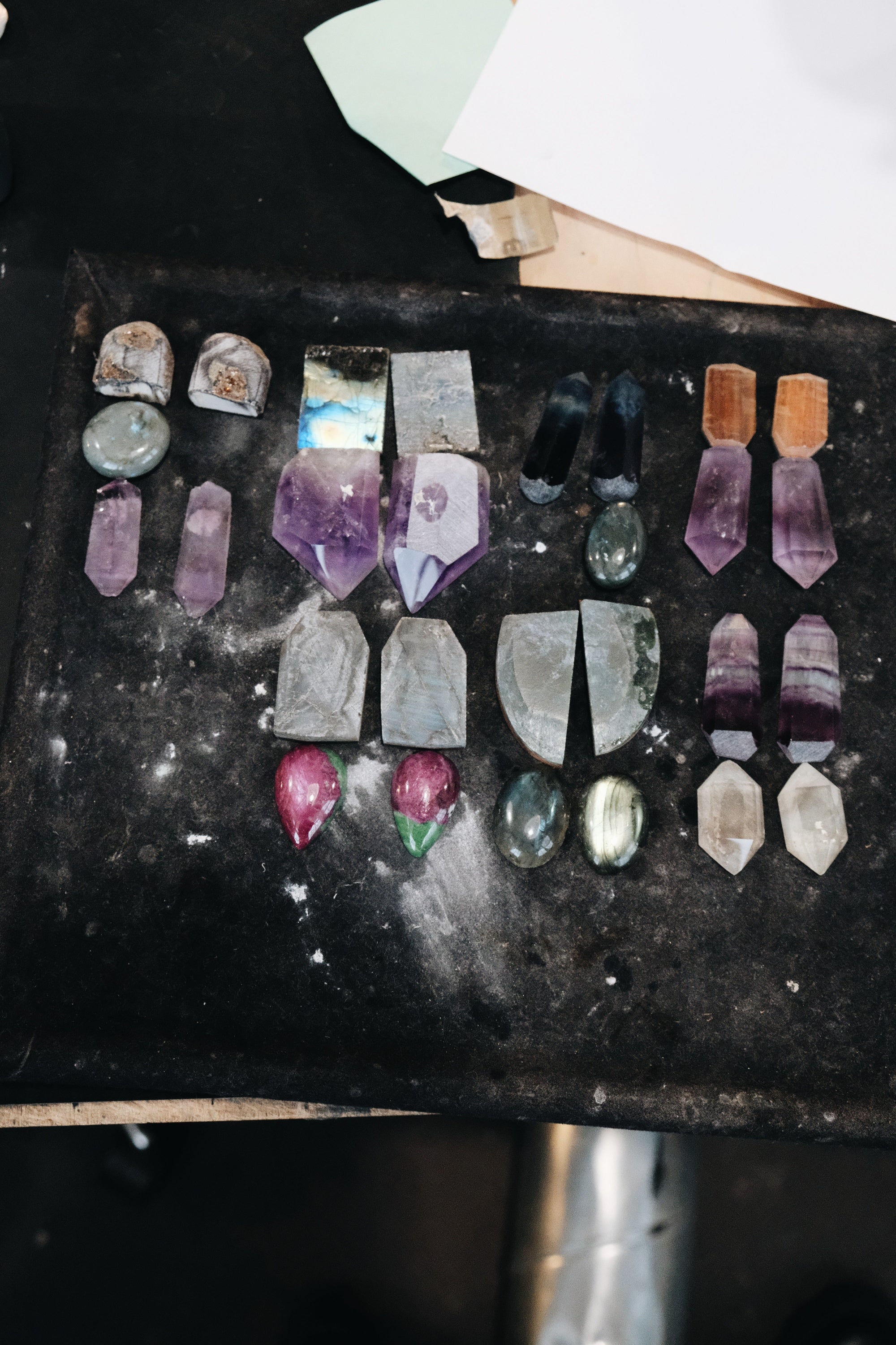 Earrings: nephrite, labradorite, zebrano wood