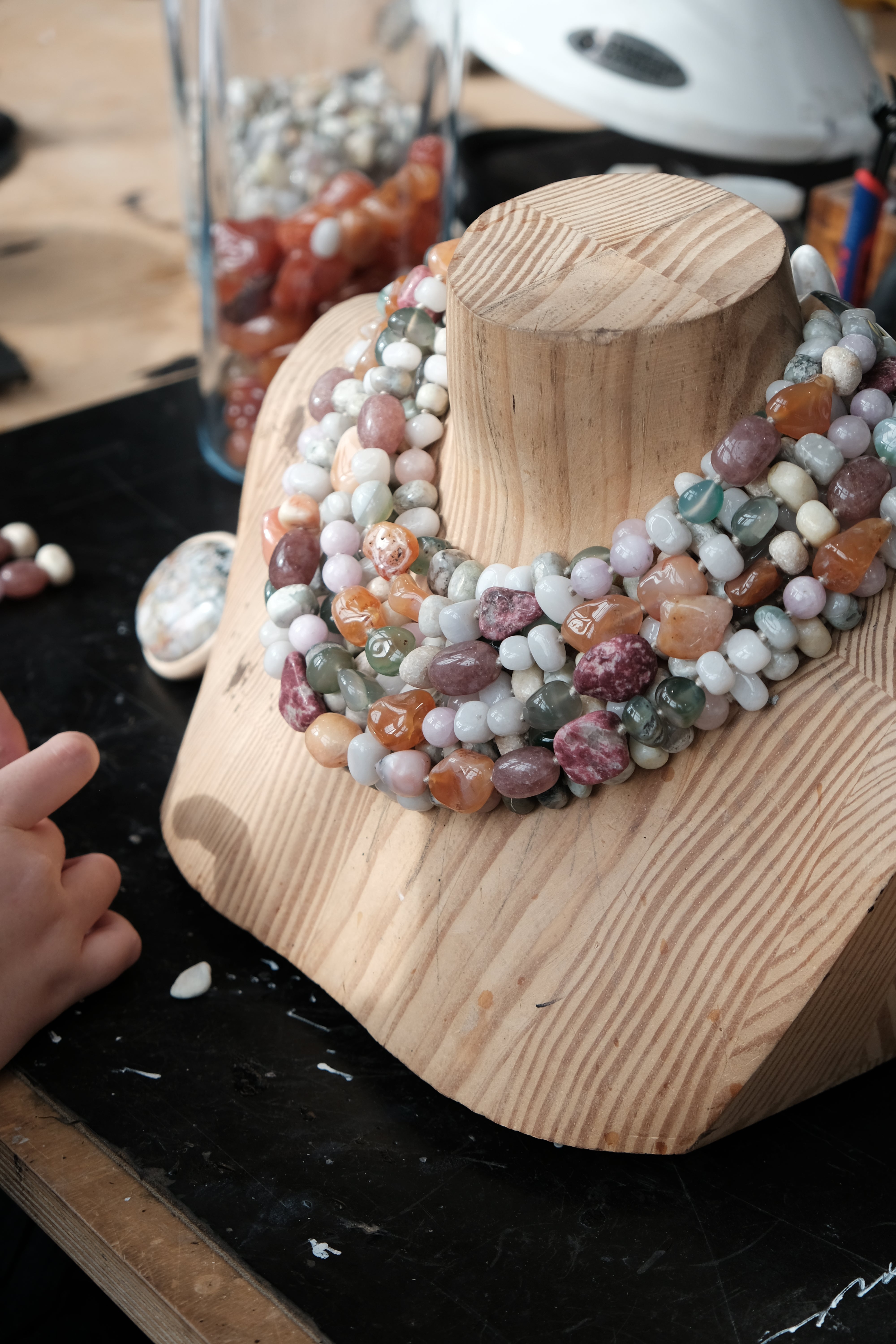 Necklace: ocean jasper, maplewood, agate, strawberry quartz, rose quartz
