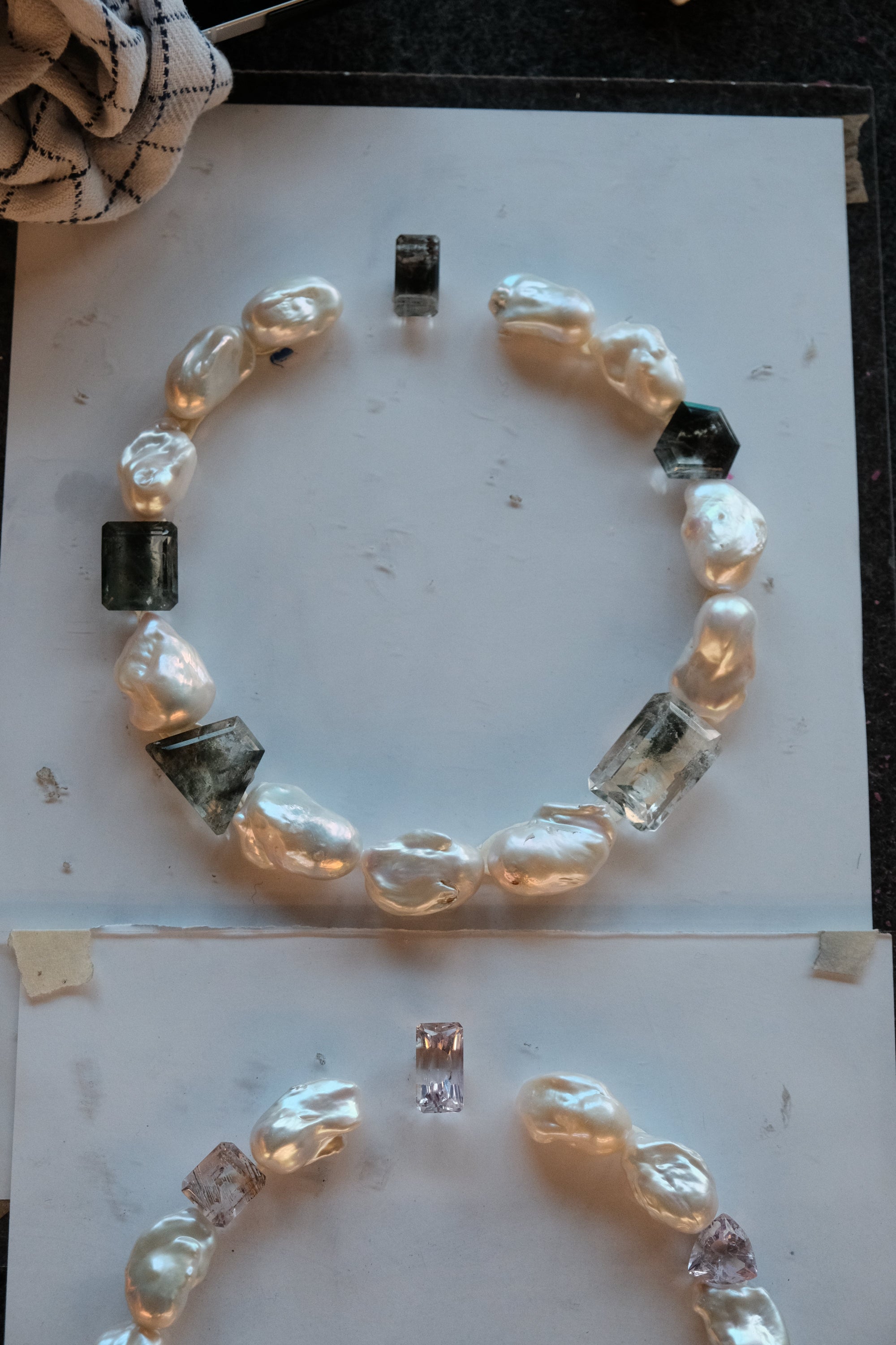 Necklace: baroque pearl, garden quartz