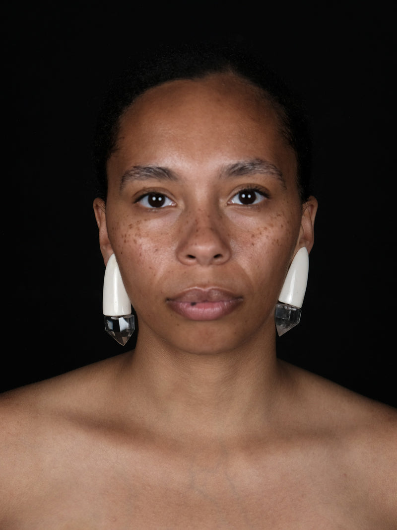 Earrings: bone, quartz