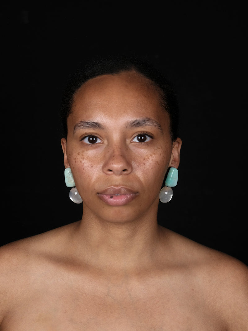 Earrings: chrysoprase, leather, mountain crystal, mother of pearl