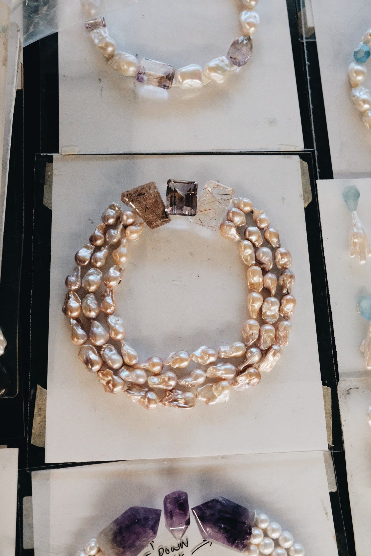 Necklace: baroque pearl, quartz, amethyst