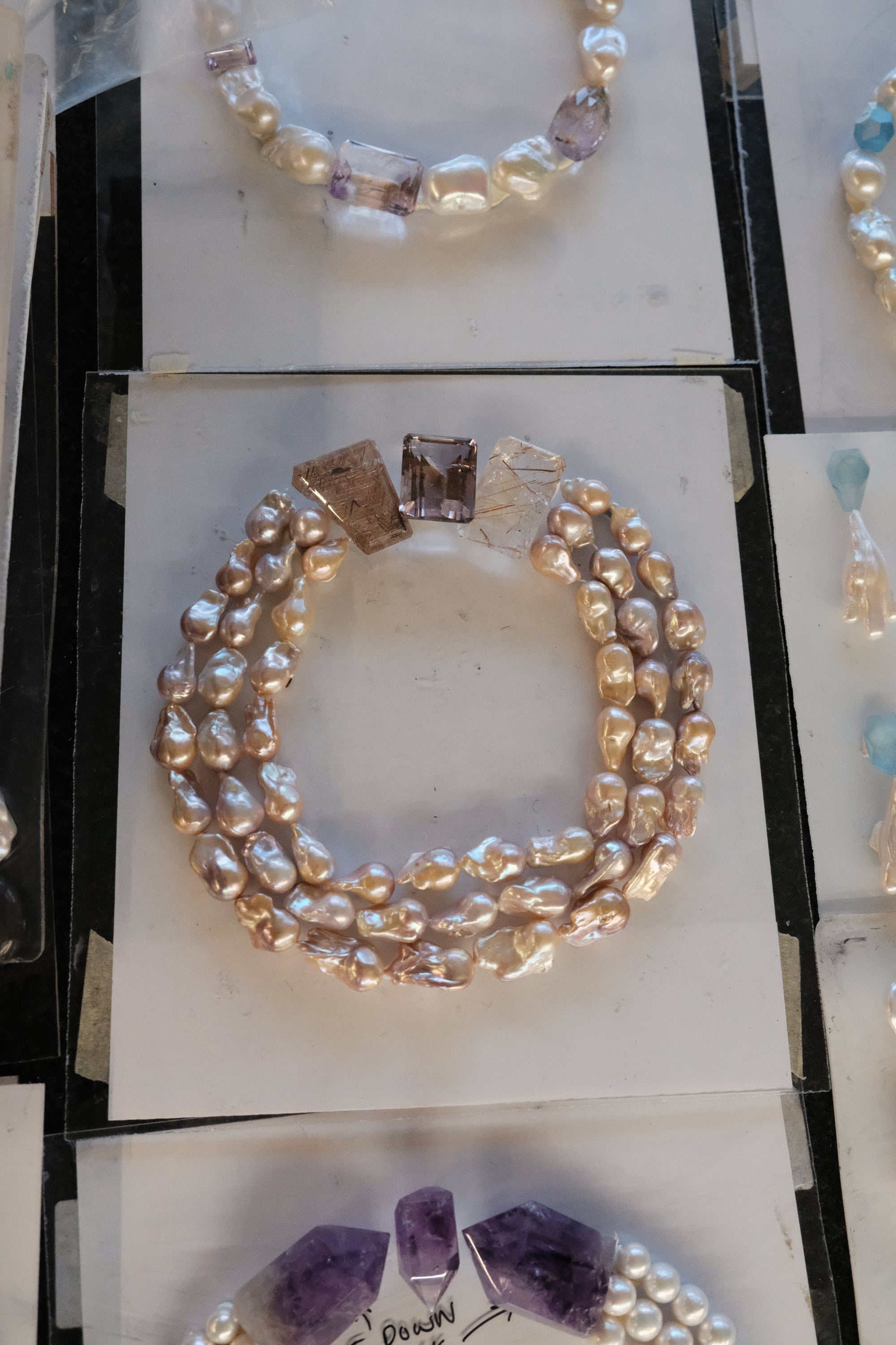 Necklace: ruthilated quartz, amethyst, baroque pearl