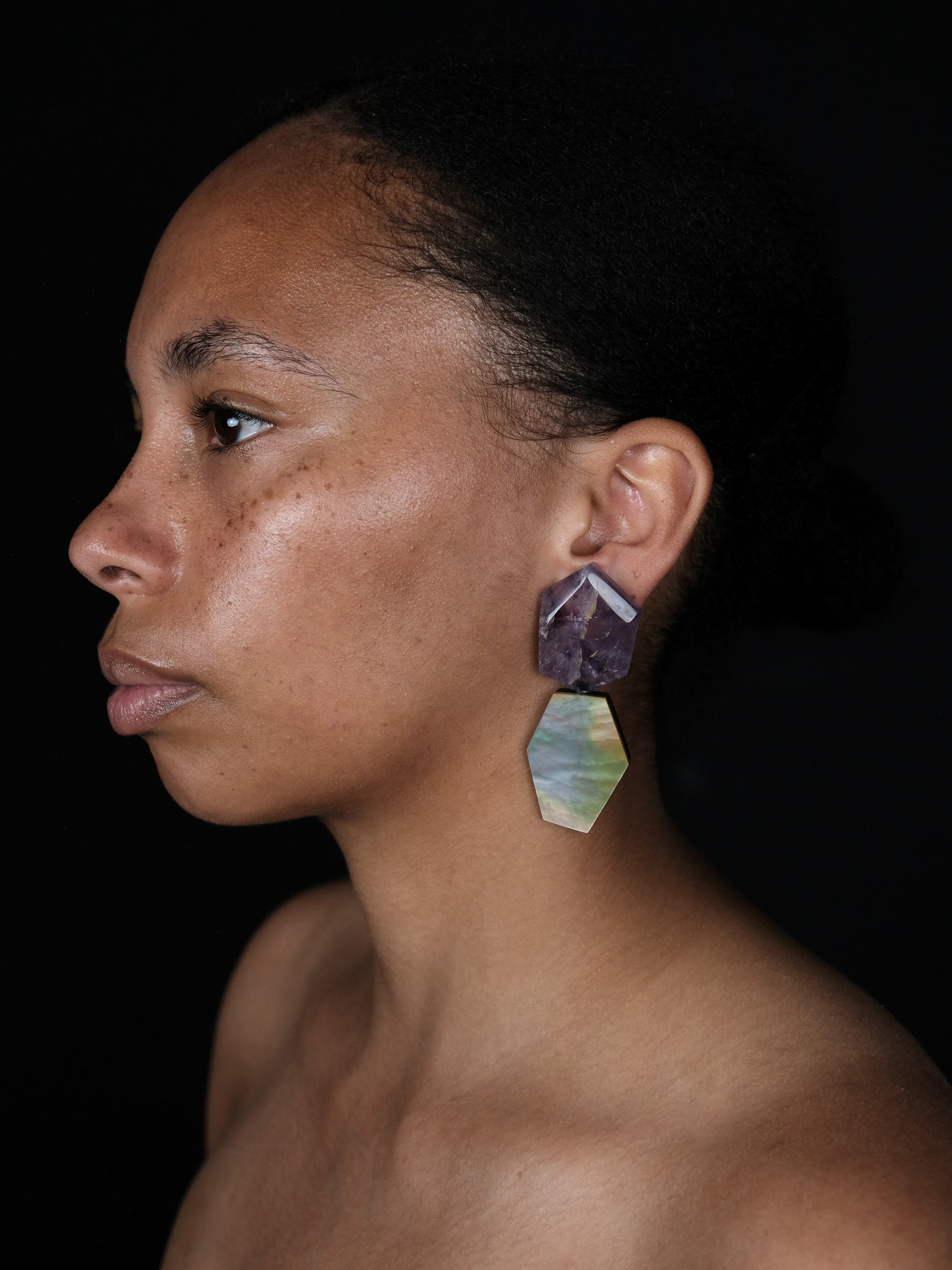 Earrings: mother of pearl, amethyst, bog oak