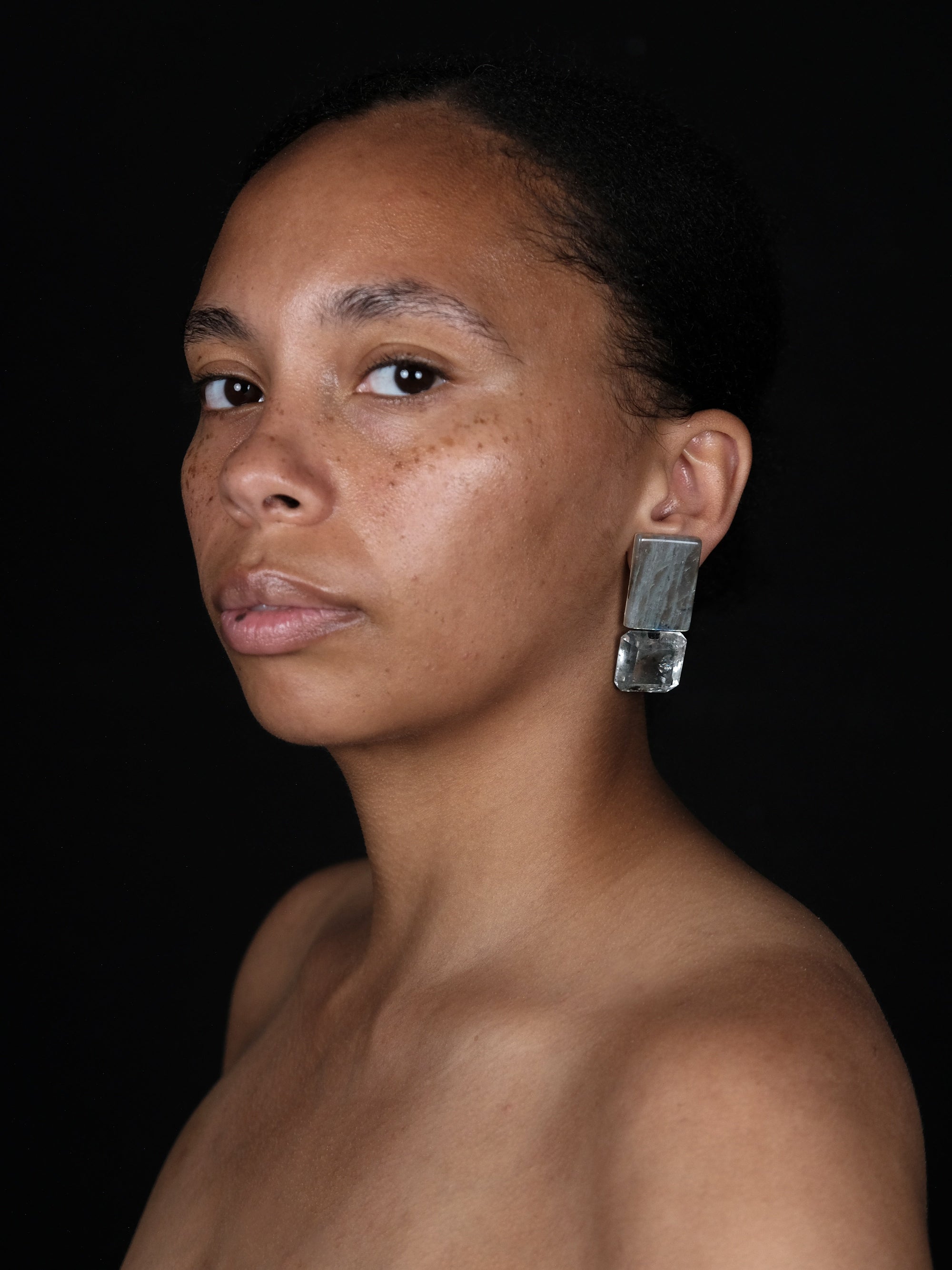 Earrings: garden quartz, labradorite, musk ox horn