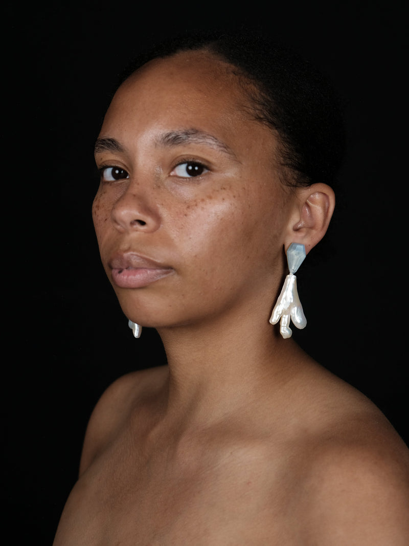 Earrings: aquamarine, baroque pearl, mother of pearl