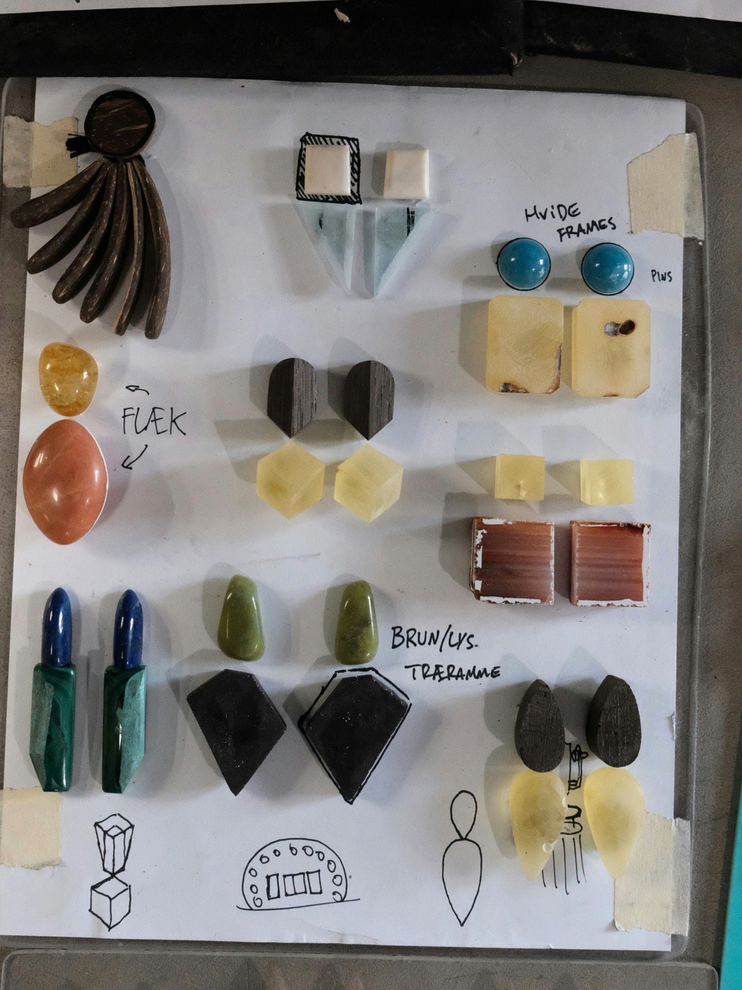 Earrings: aquamarine, amber, bone