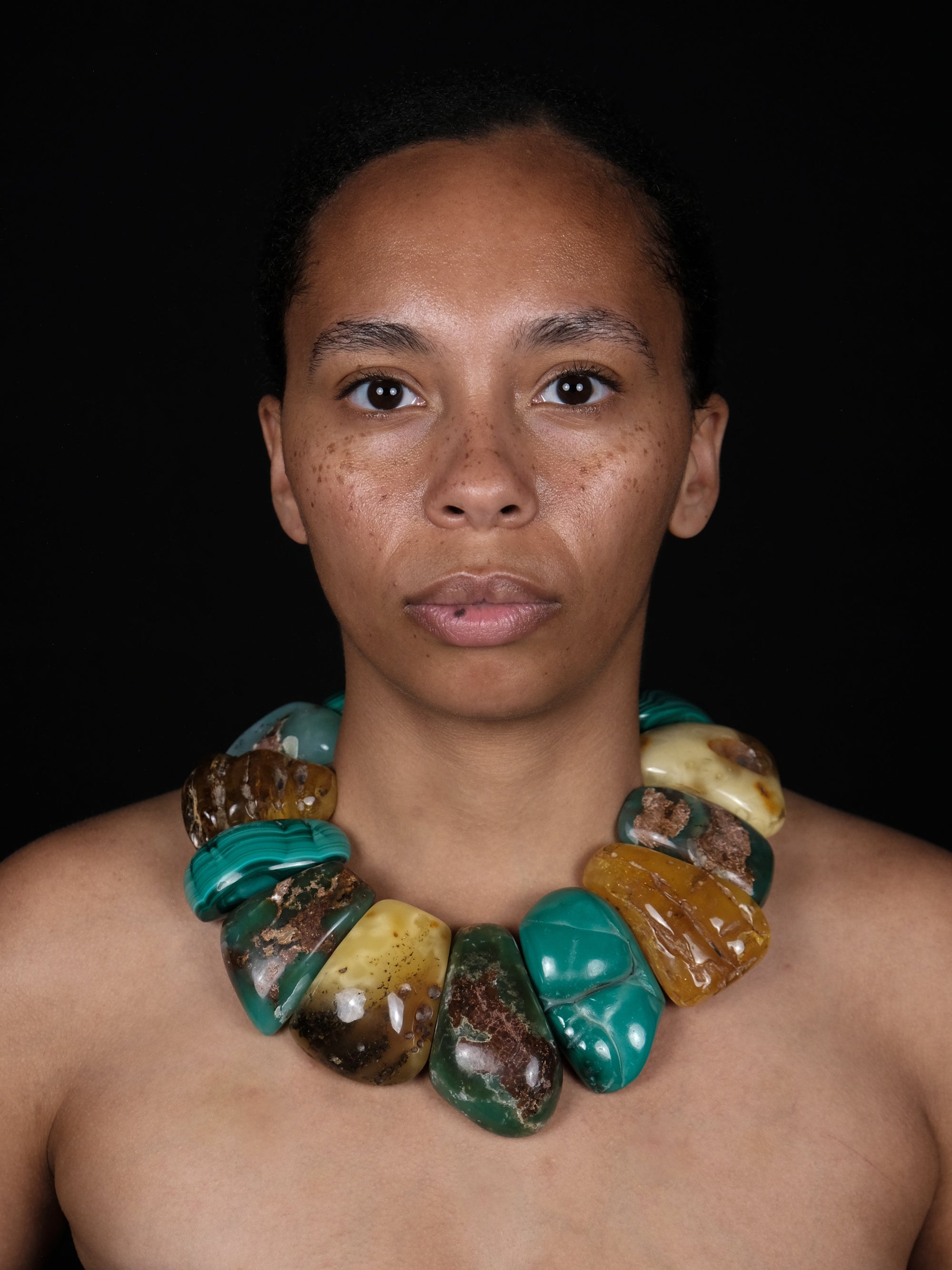 Necklace: amber, malachite, aventurine